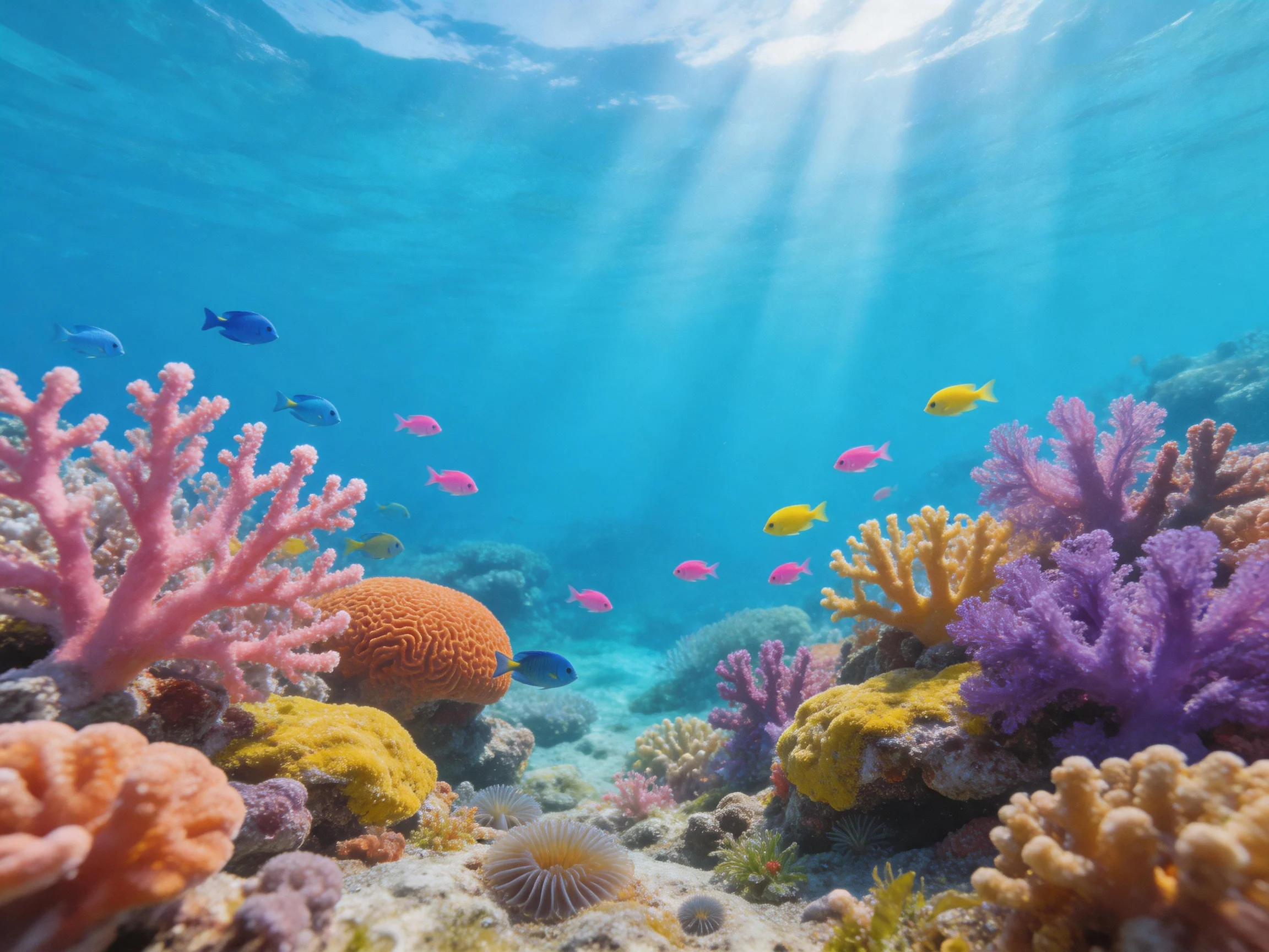 Vibrant coral reef with colorful corals and tropical fish