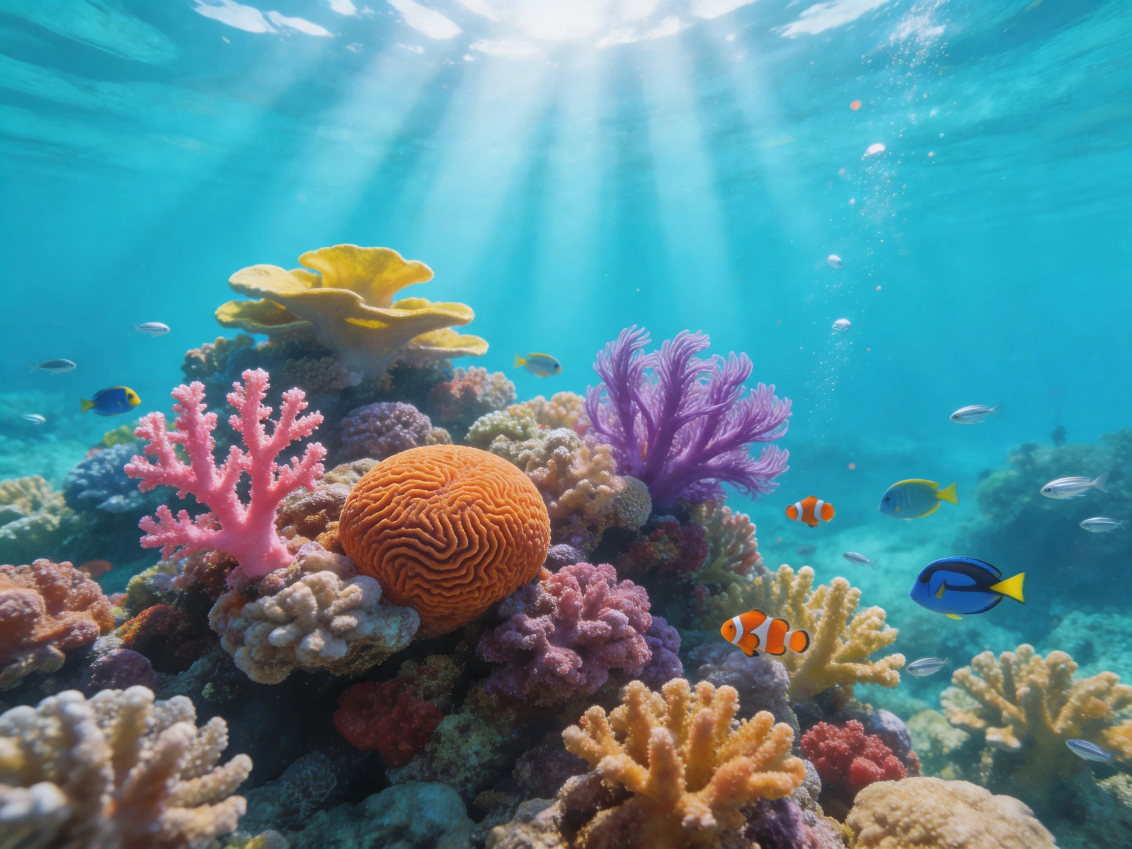 Vibrant coral reef with colorful corals and tropical fish
