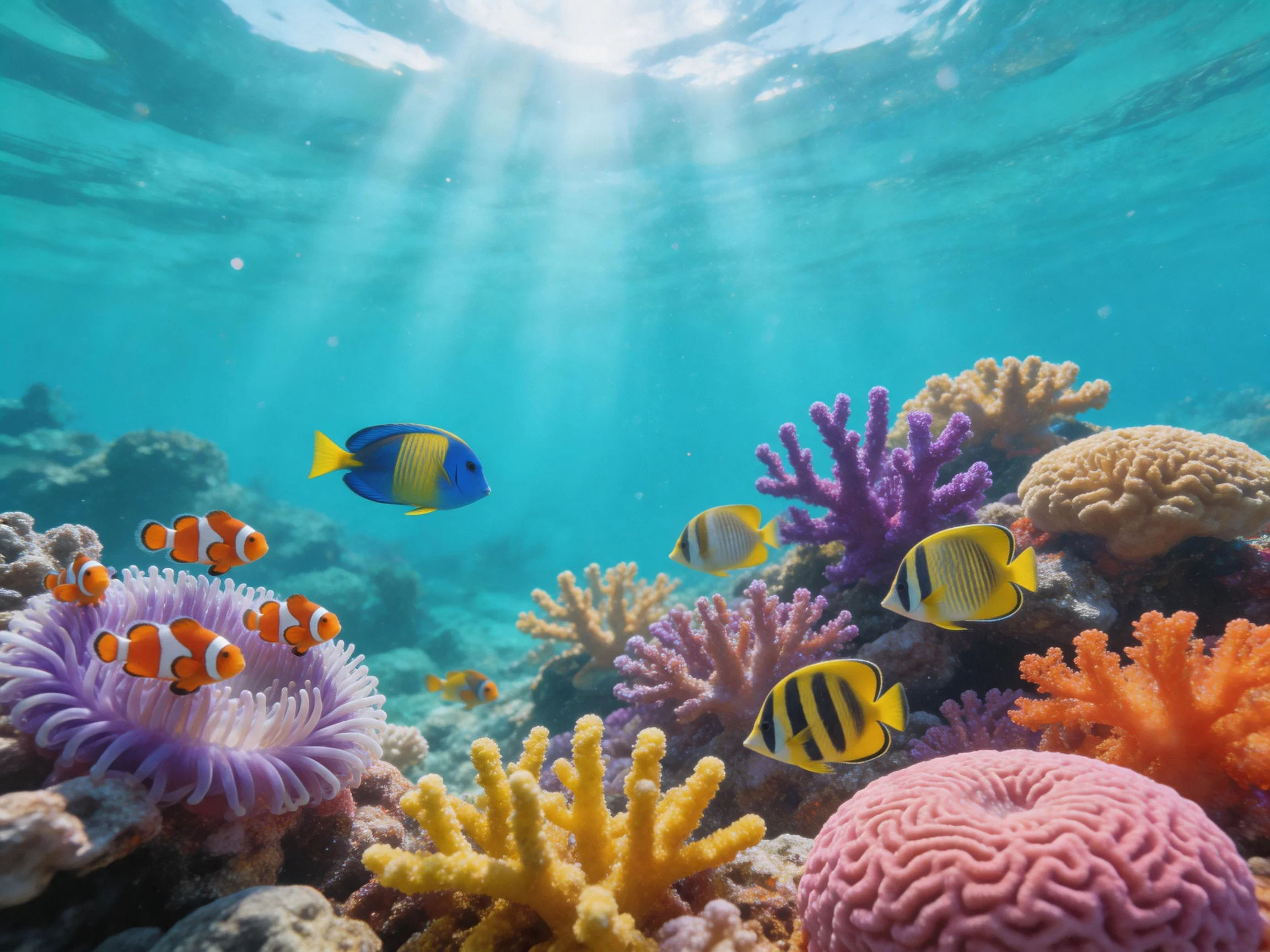 Clear water reveals a coral reef with colorful fish and corals.