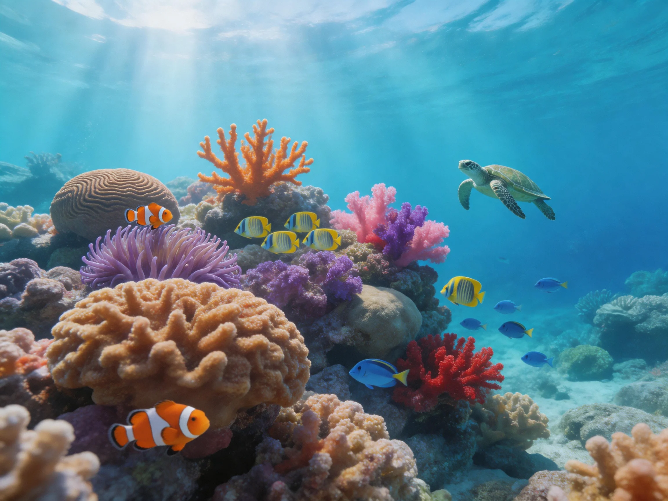 A vibrant coral reef populated by diverse marine life such as fish and a turtle.