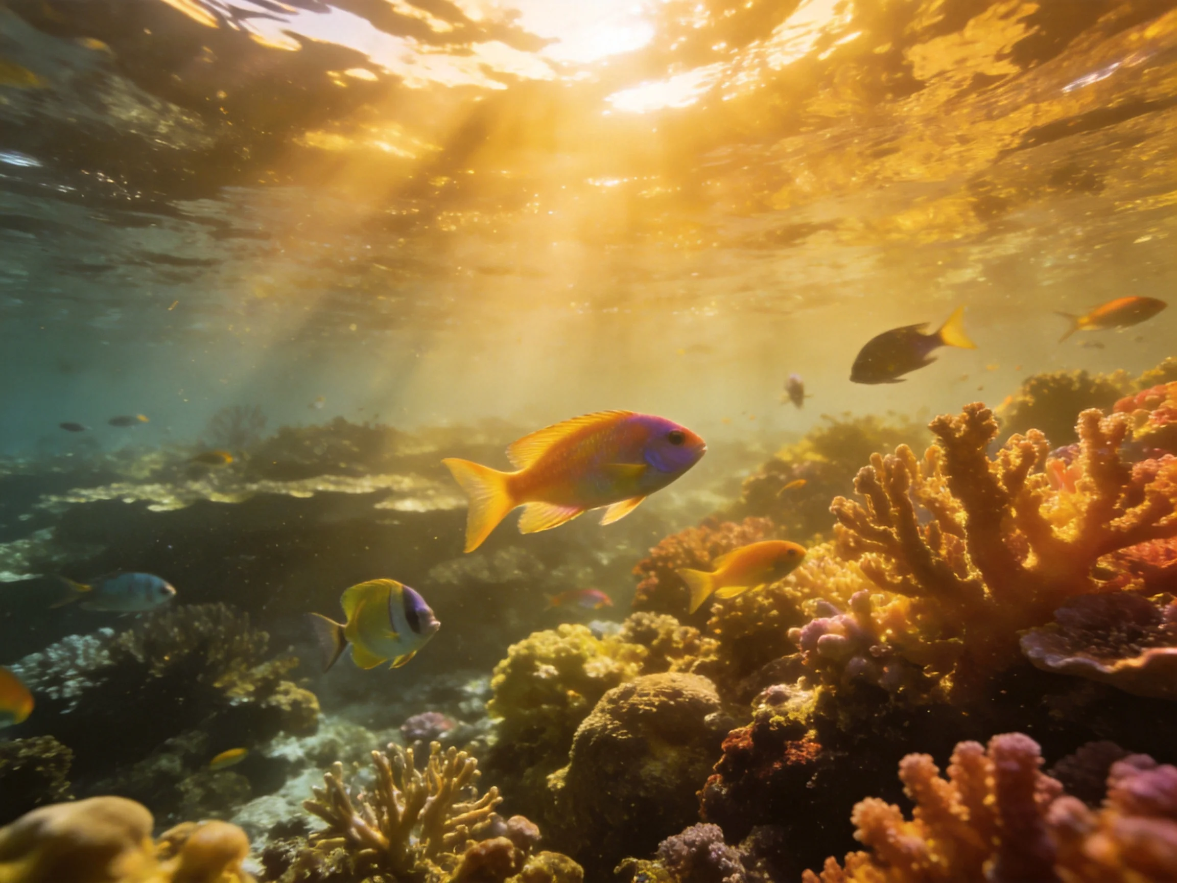 Vibrant coral reef with colorful fish under golden sunlight