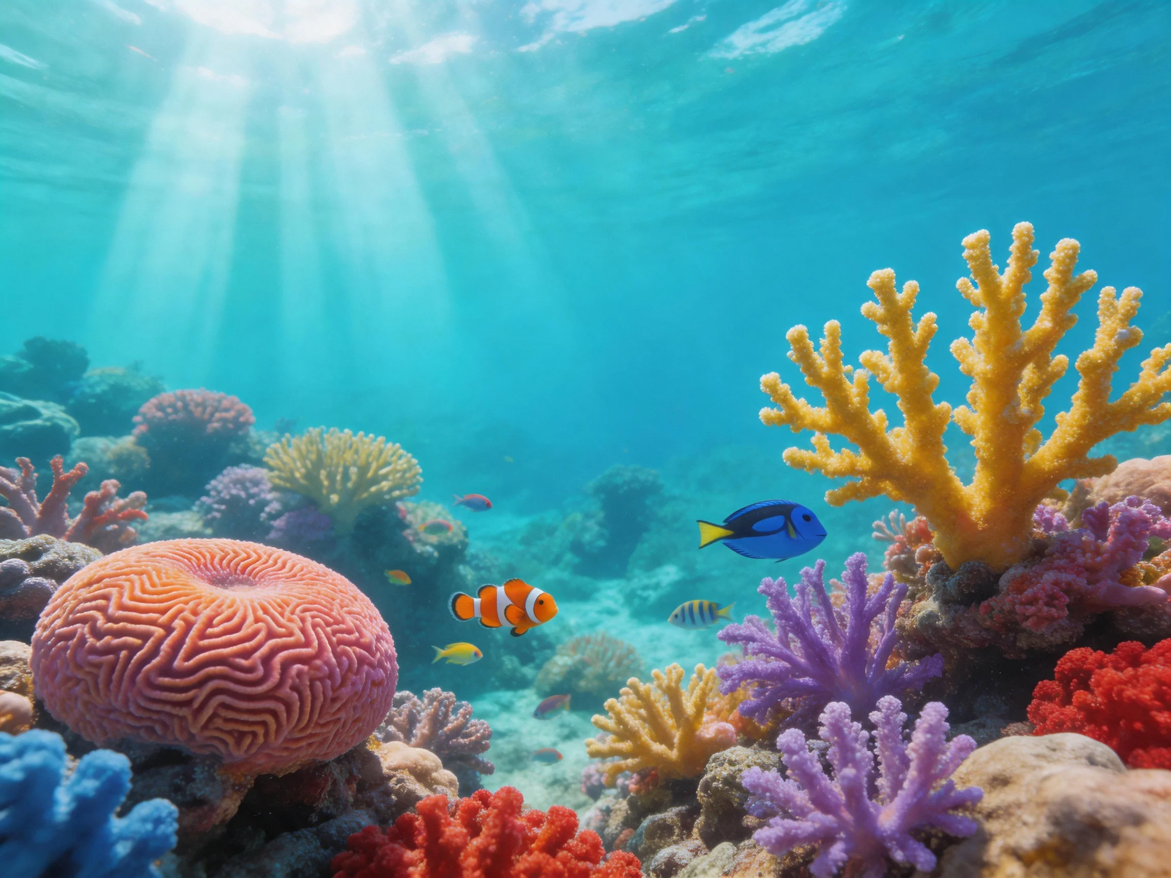 Vibrant coral reef with diverse corals and tropical fish