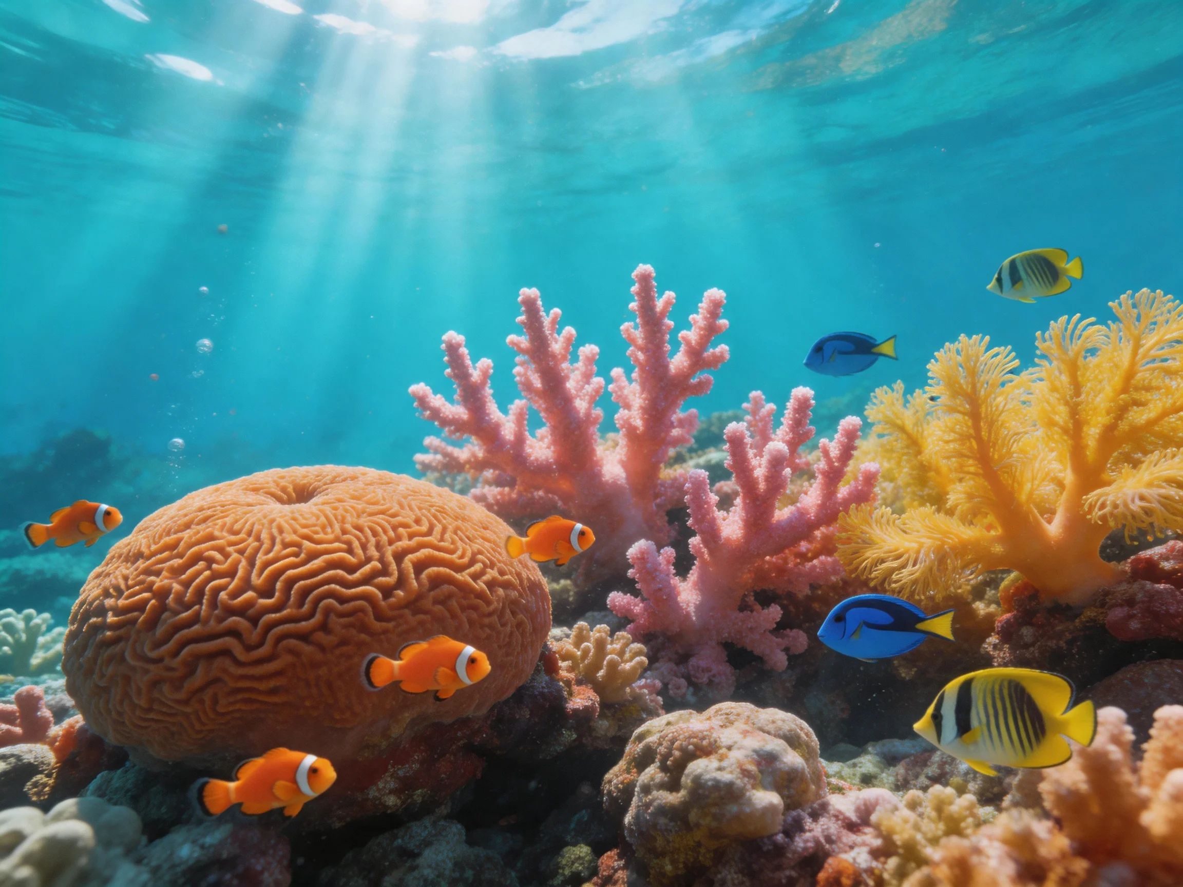Vibrant coral reef with diverse fish and corals