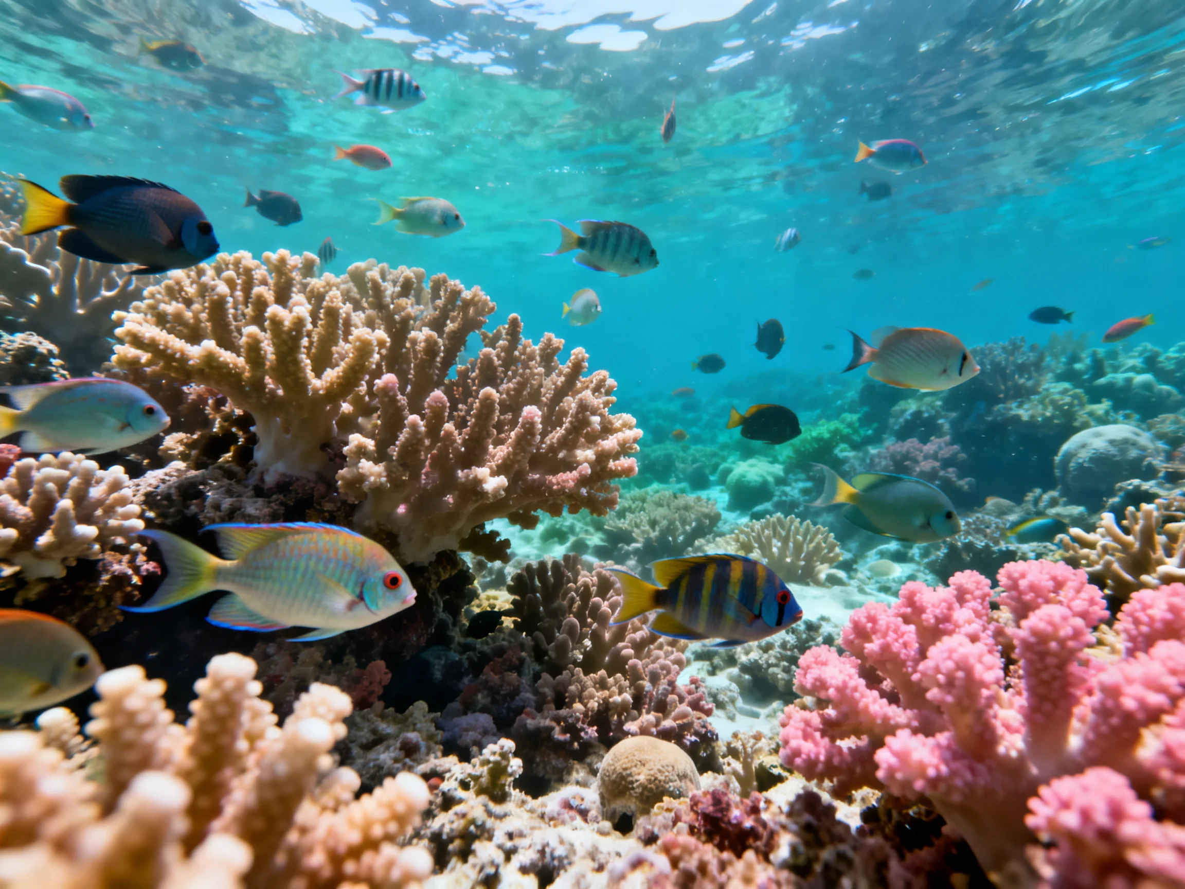 Vibrant coral reef with diverse fish swimming among colorful corals