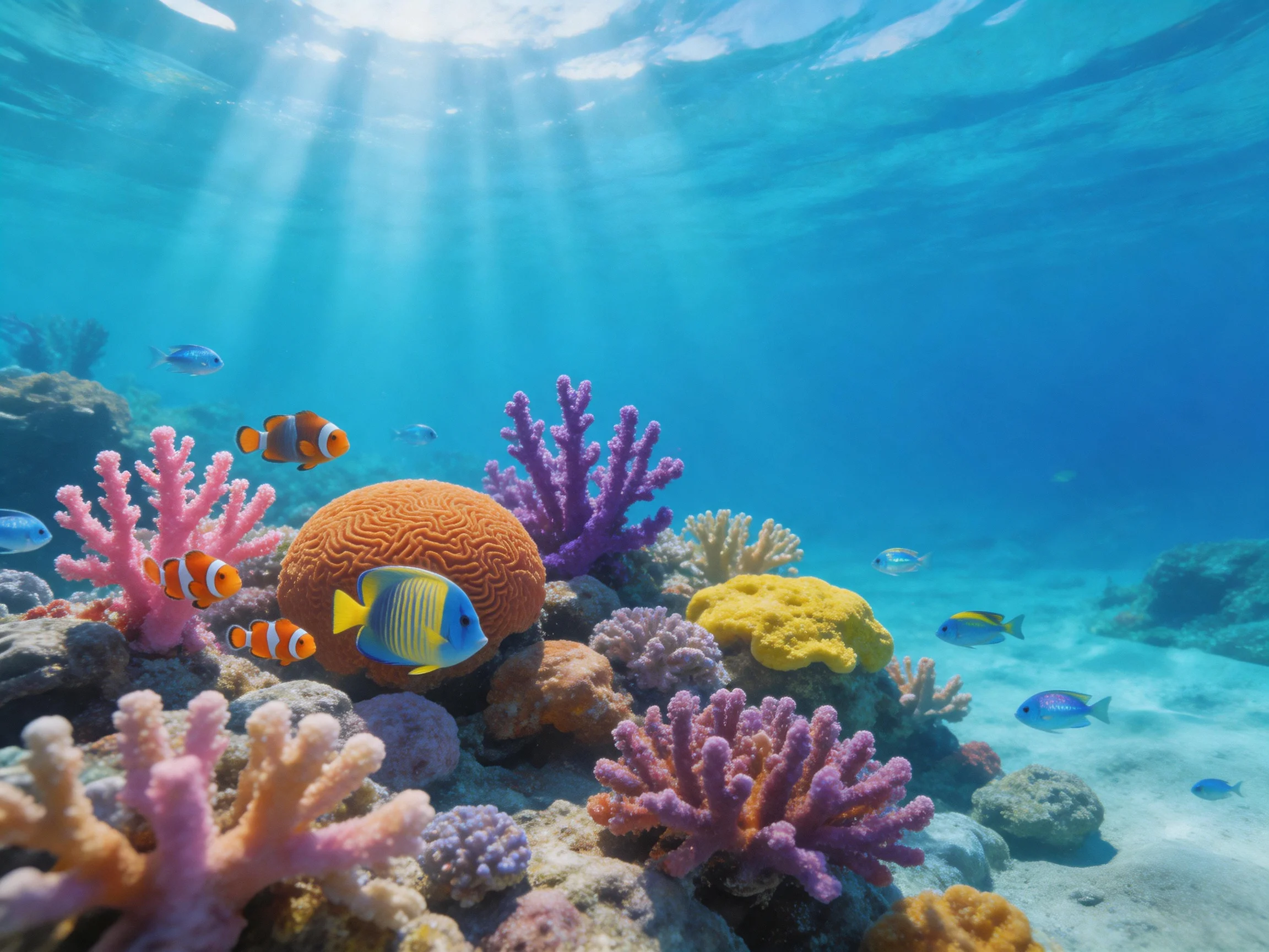 Vibrant coral reef with diverse marine life and bright sunlight