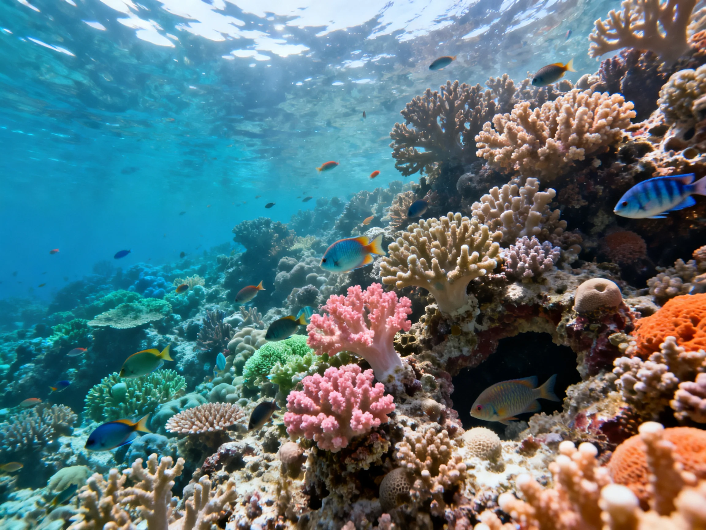 Vibrant coral reef with diverse marine life and colorful corals