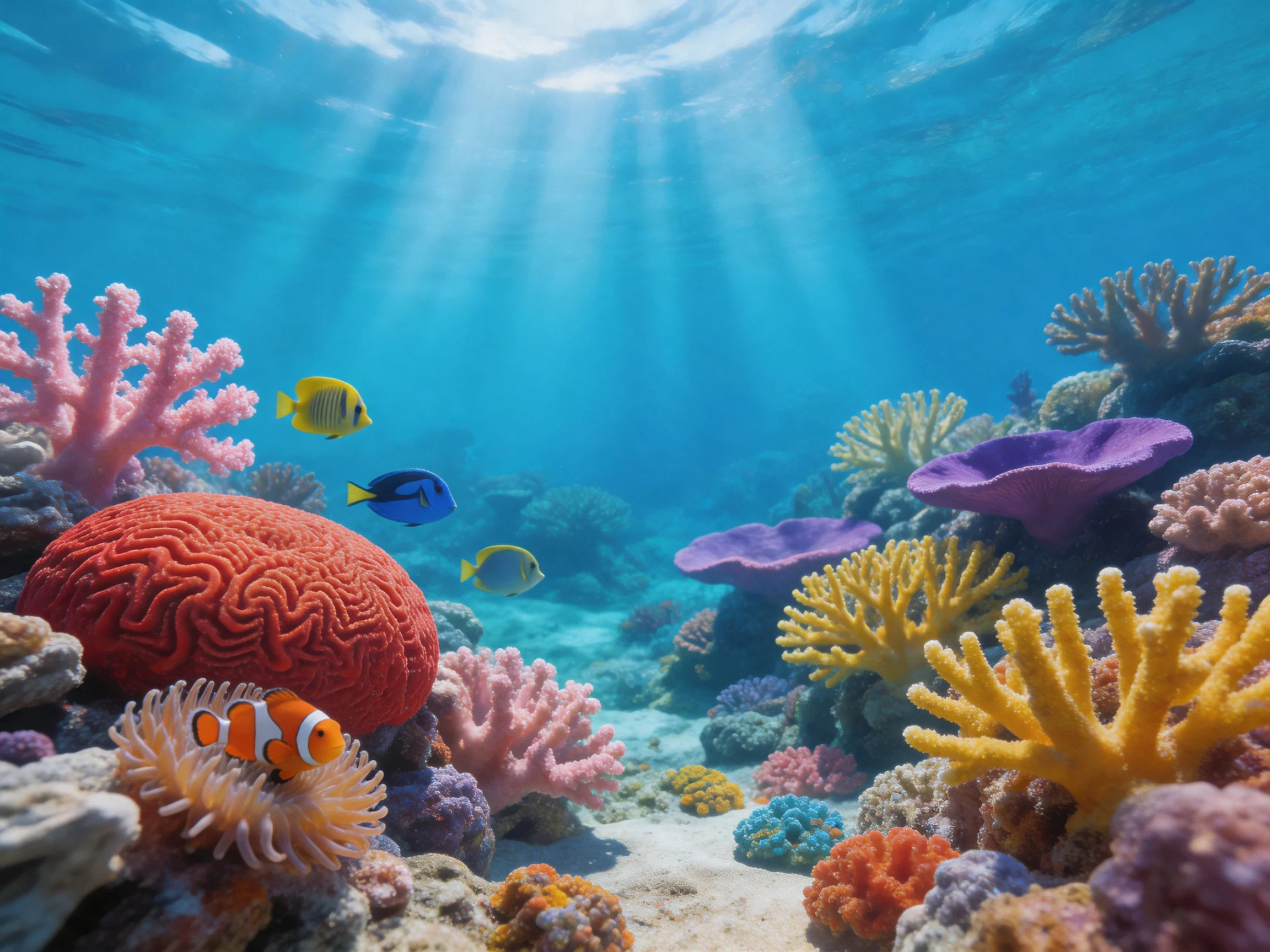 Vibrant coral reef with diverse marine life and colorful corals