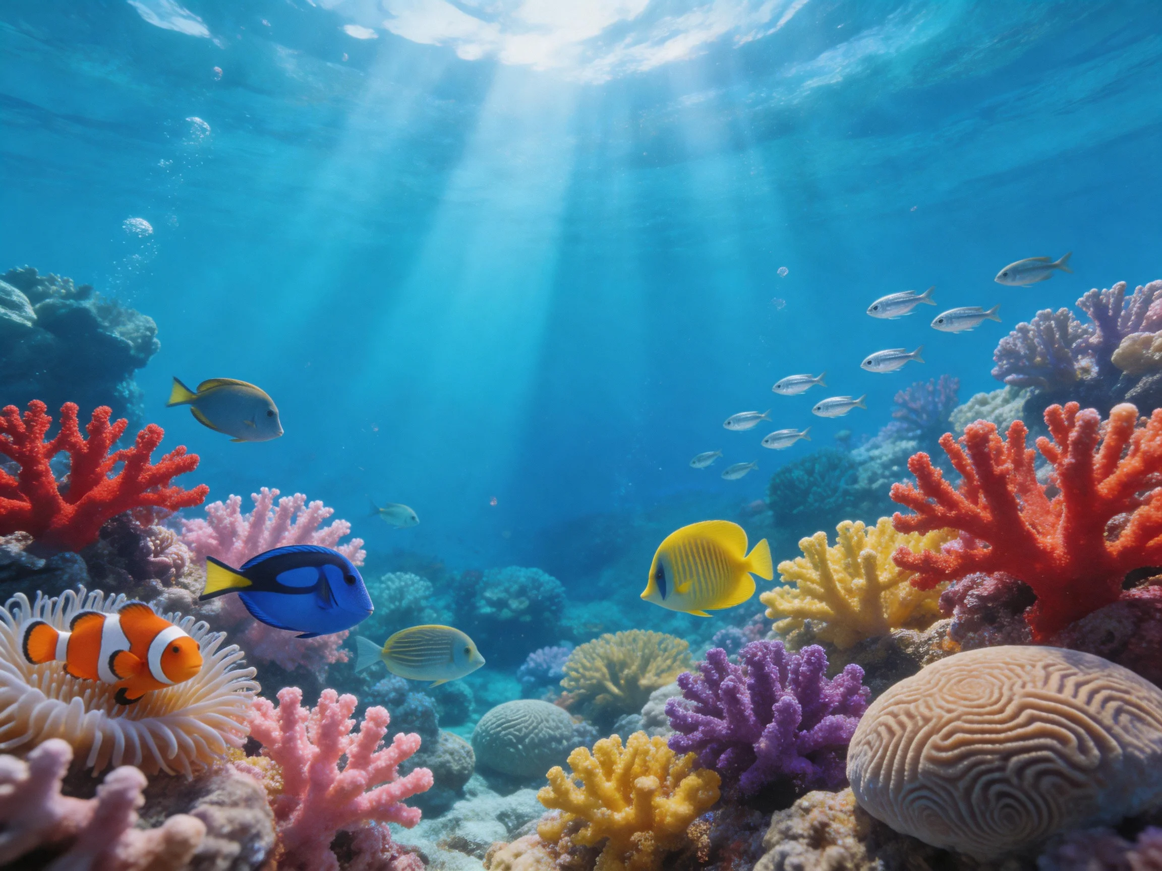 Vibrant coral reef with diverse marine life and colorful corals