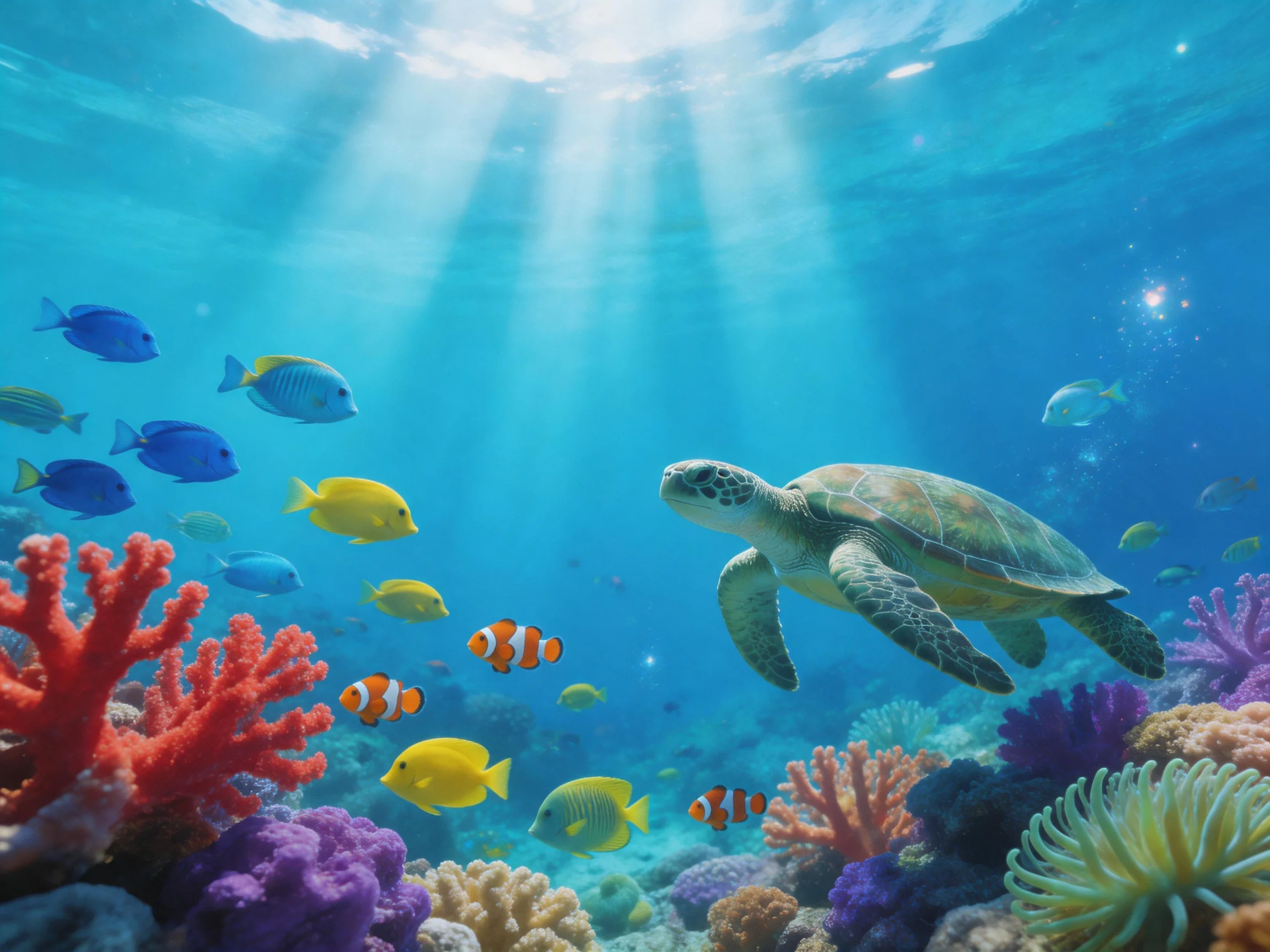 Vibrant coral reef with diverse marine life including a sea turtle
