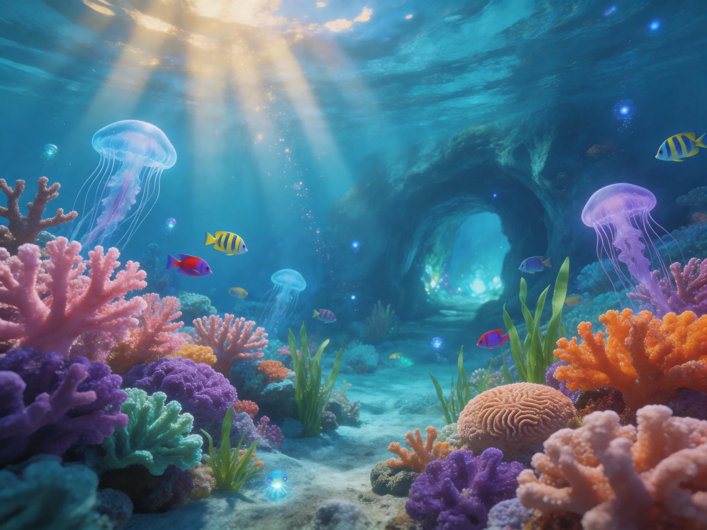 Vibrant coral reef with jellyfish, colorful fish, and an underwater cave