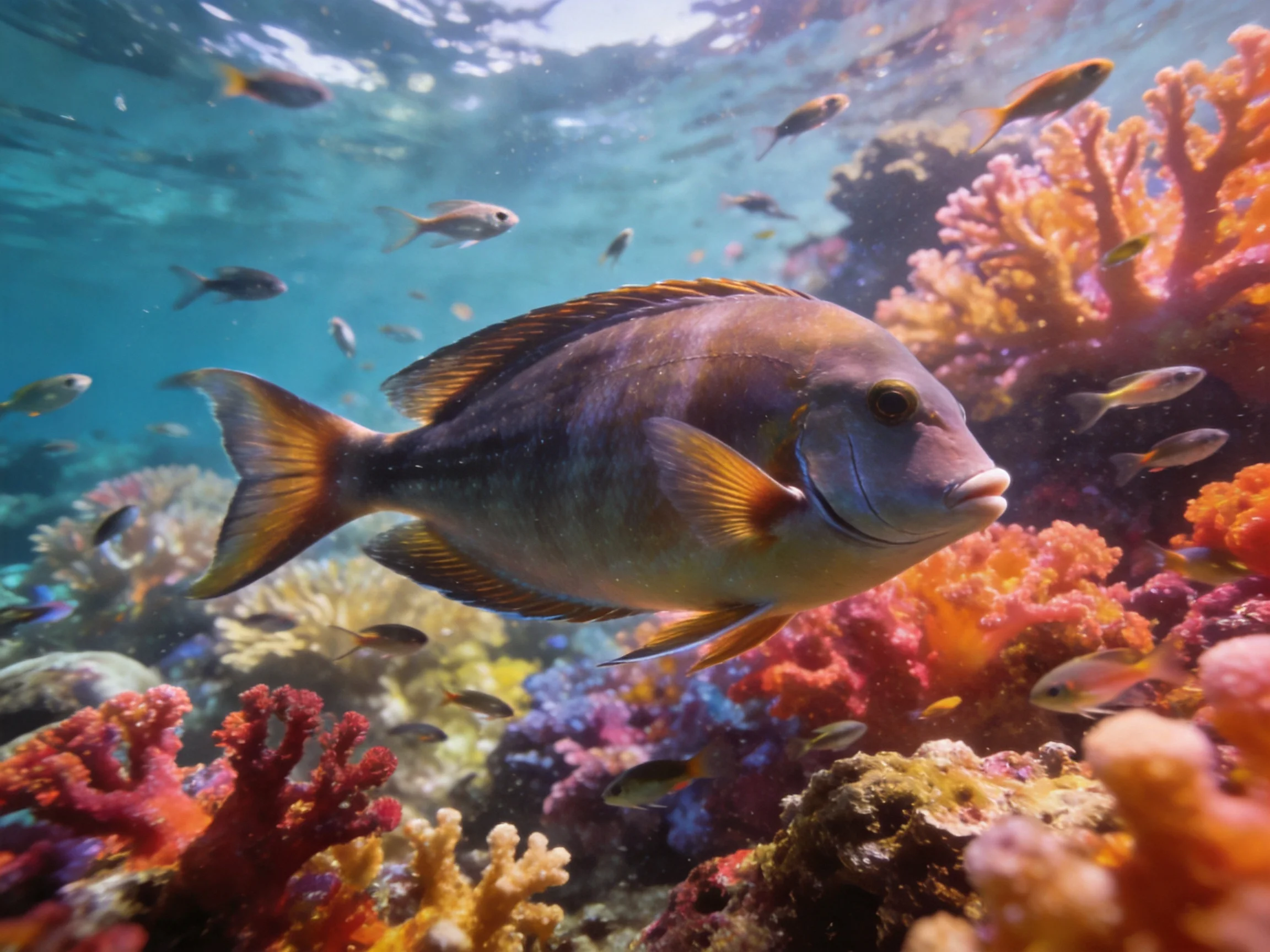 Vibrant coral reef with large fish and small fish