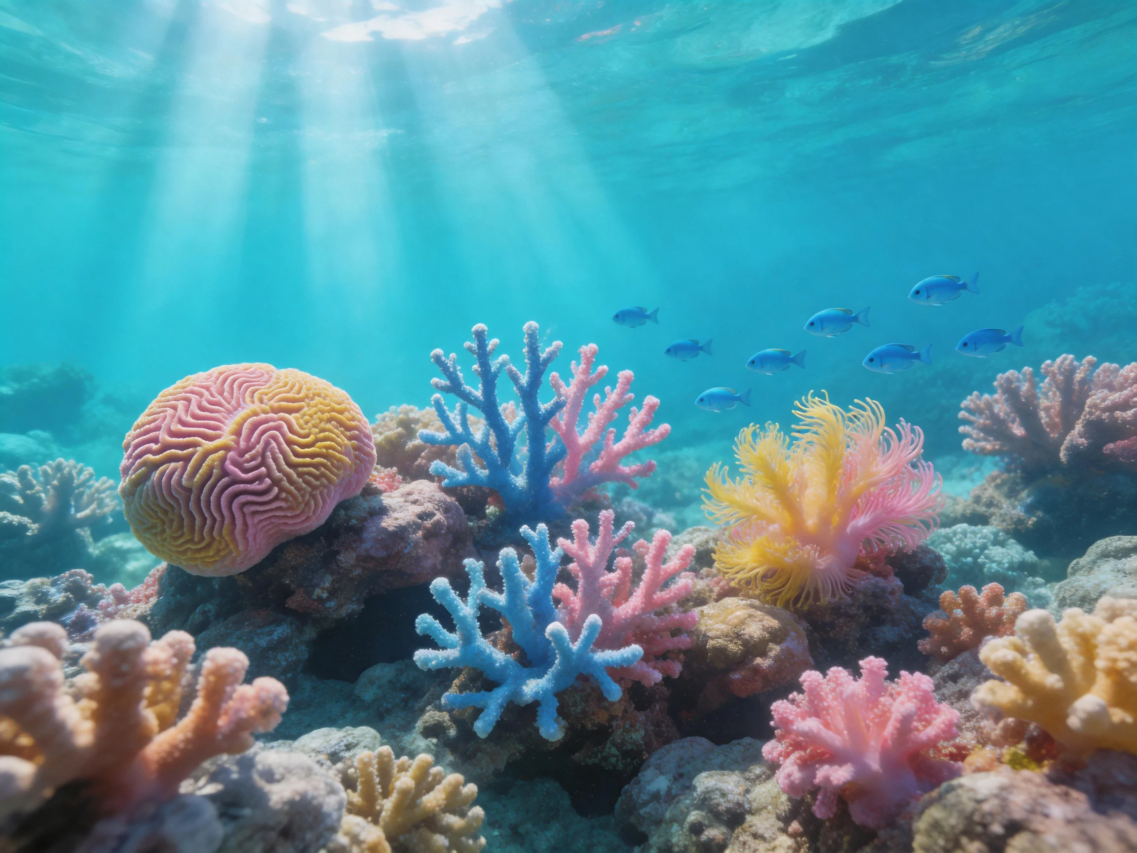 Vibrant coral reef with multicolored corals and small blue fish