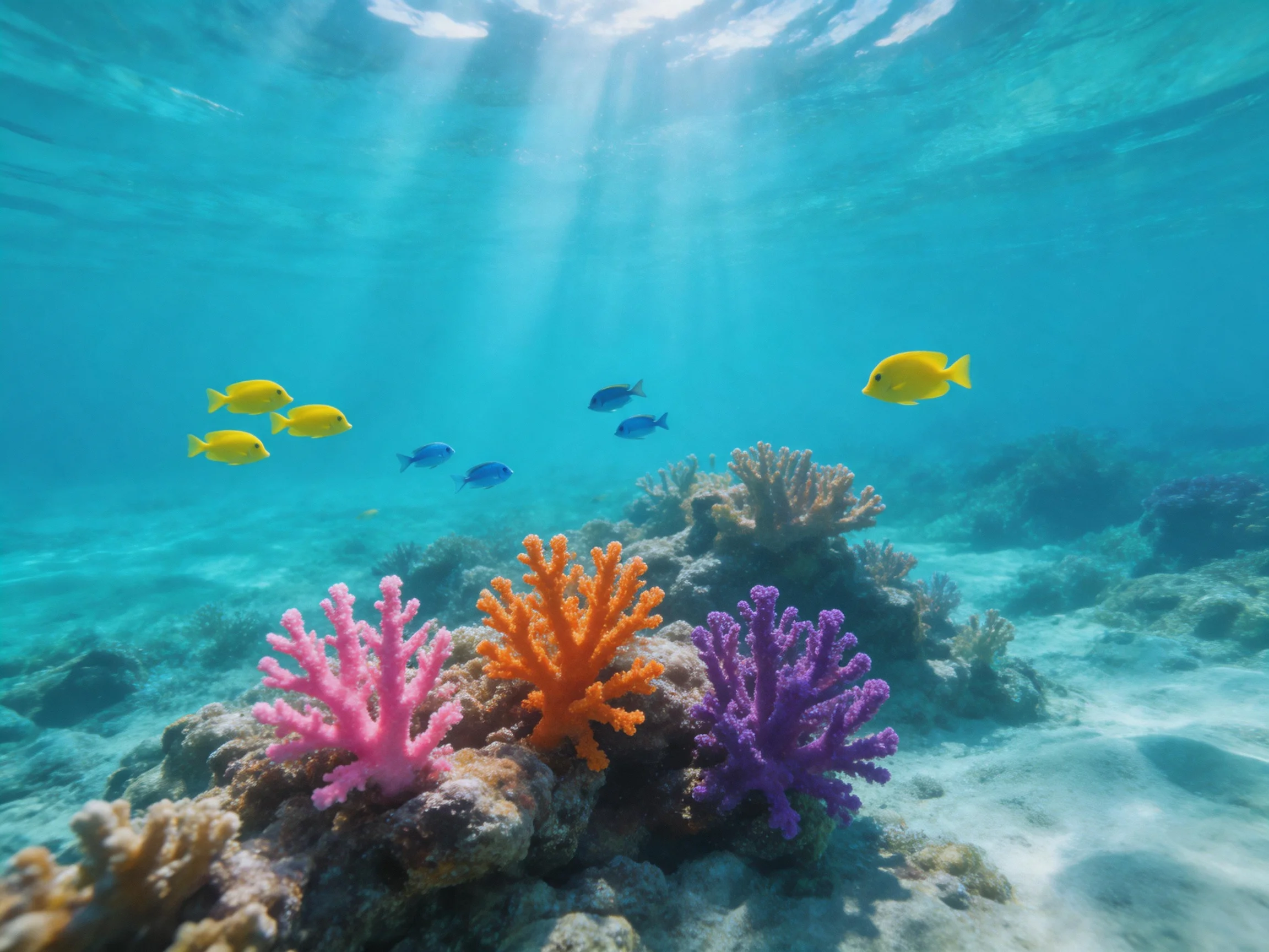 Vibrant coral reef with pink, orange, purple corals and yellow/blue fish