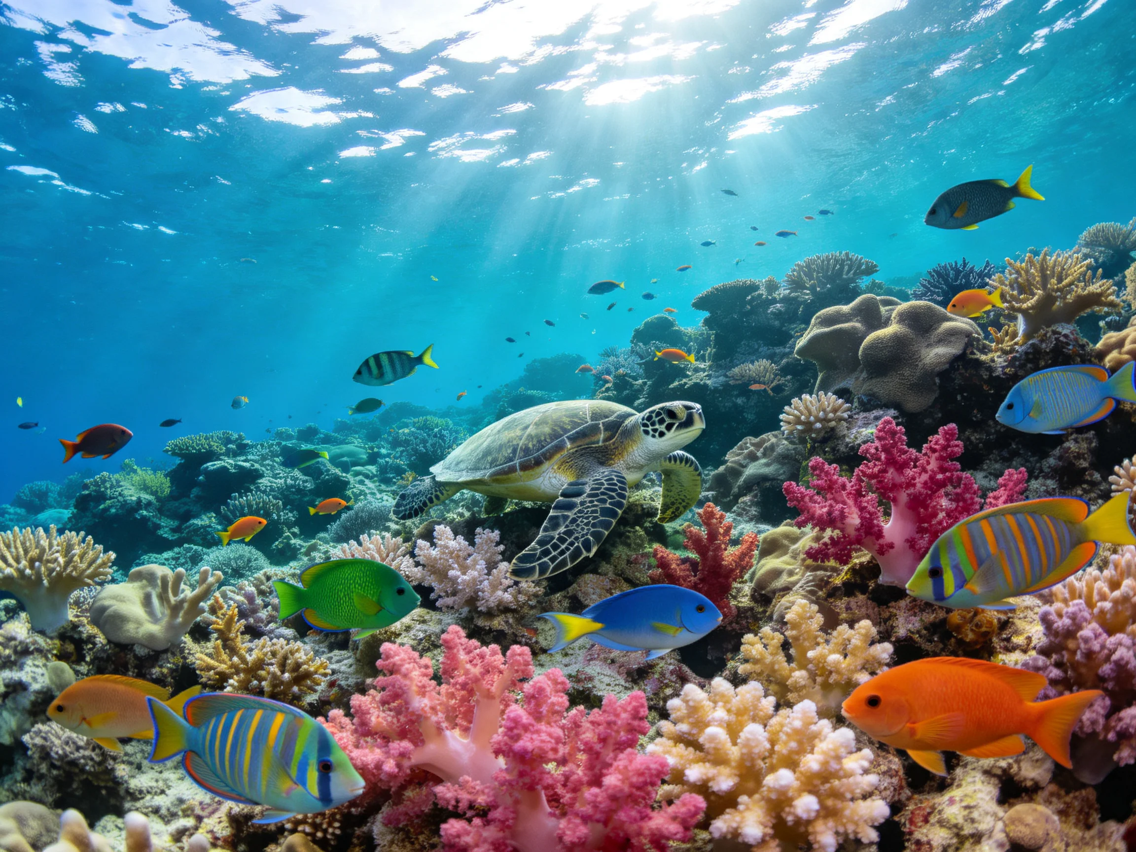 Vibrant coral reef with turtle and colorful tropical fish