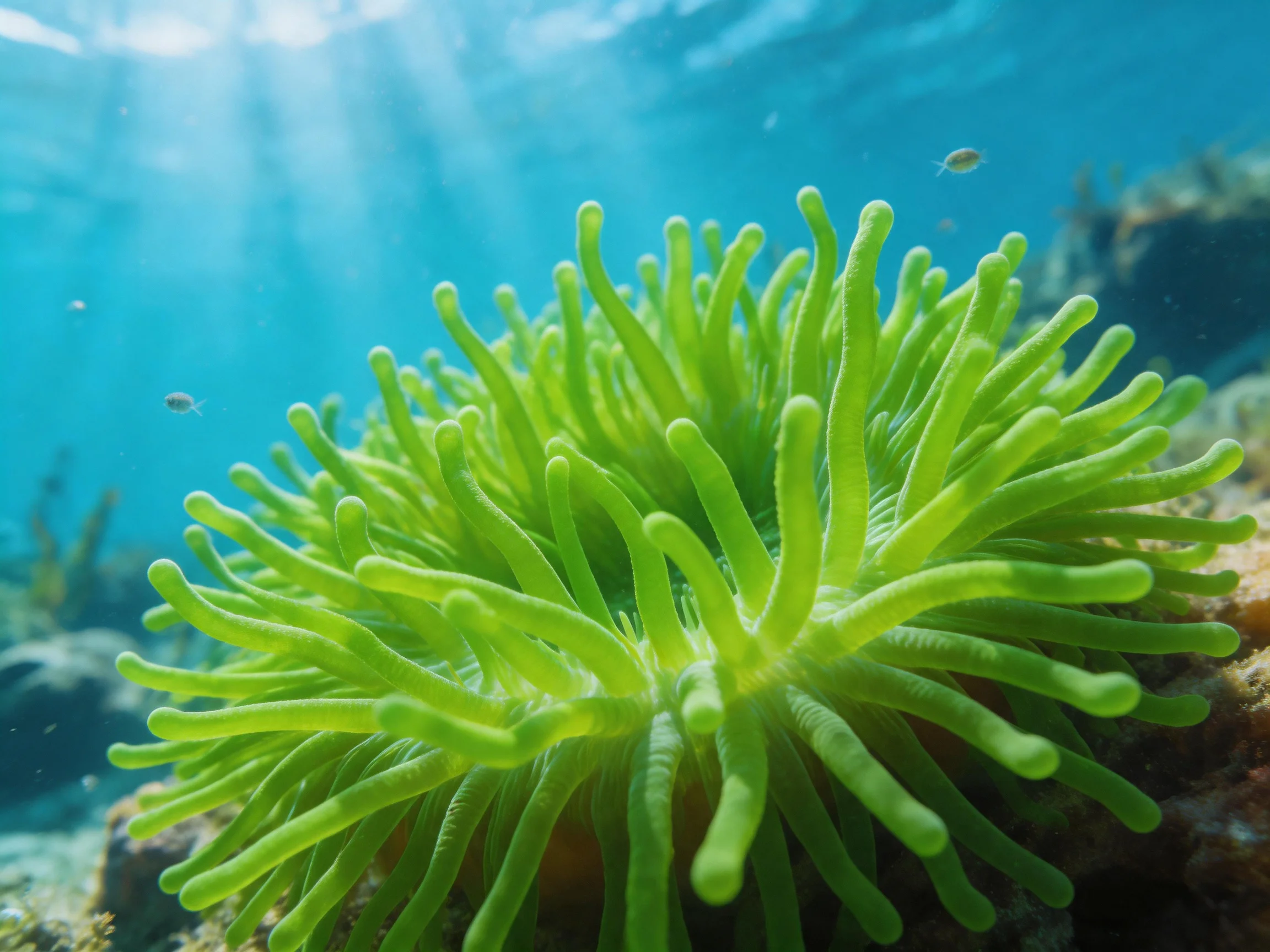 Vibrant green sea anemone thriving in clear blue ocean waters