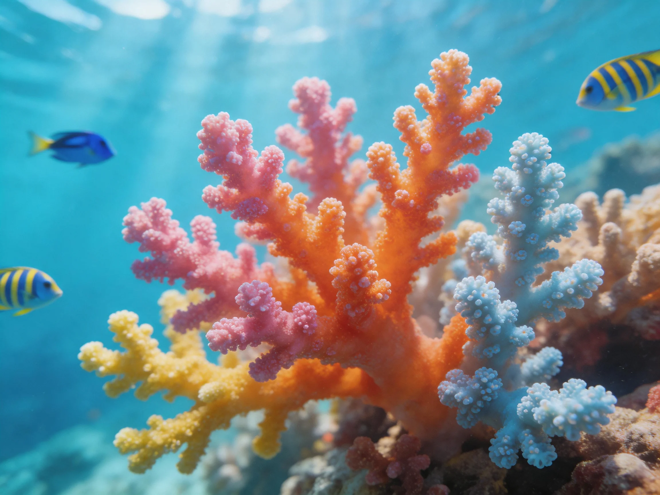 Vibrant multicolored corals with striped tropical fish in clear water