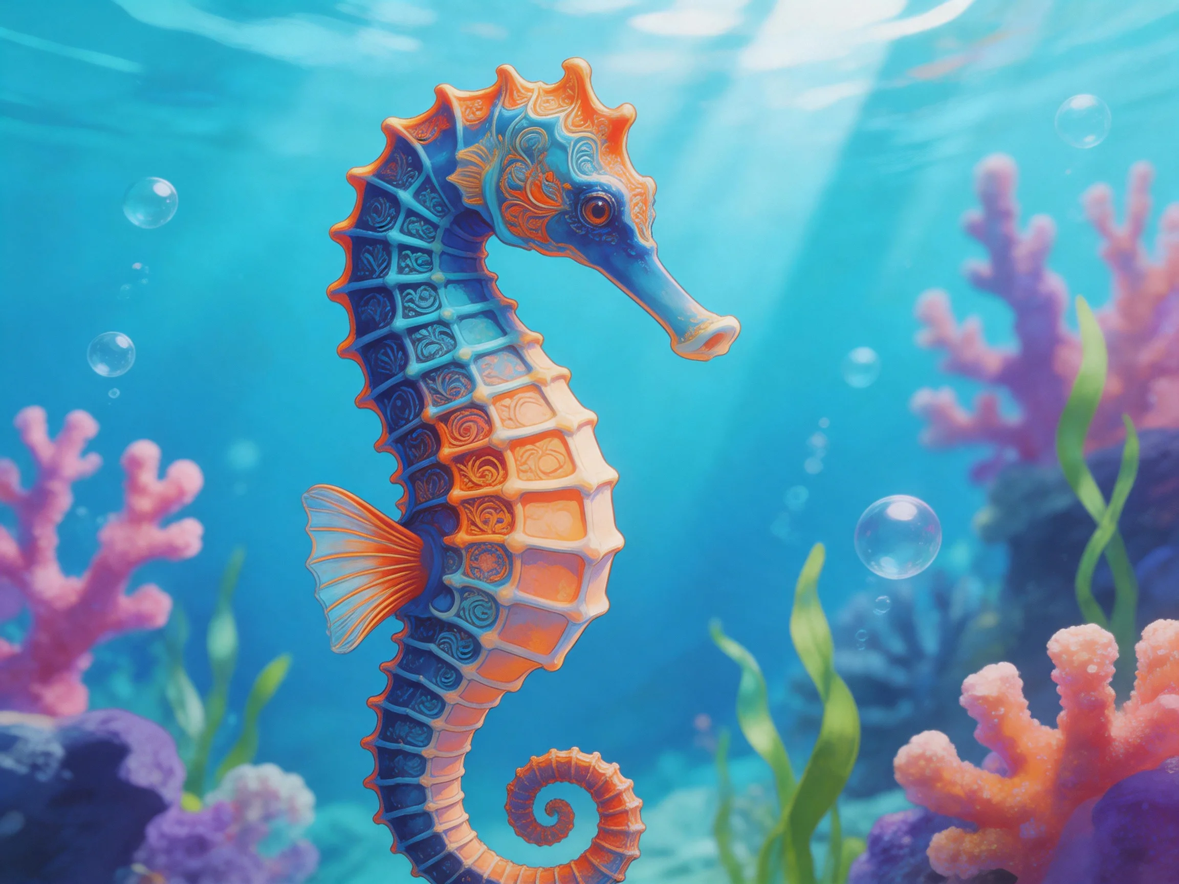 Vibrant orange and blue seahorse among colorful corals and bubbles