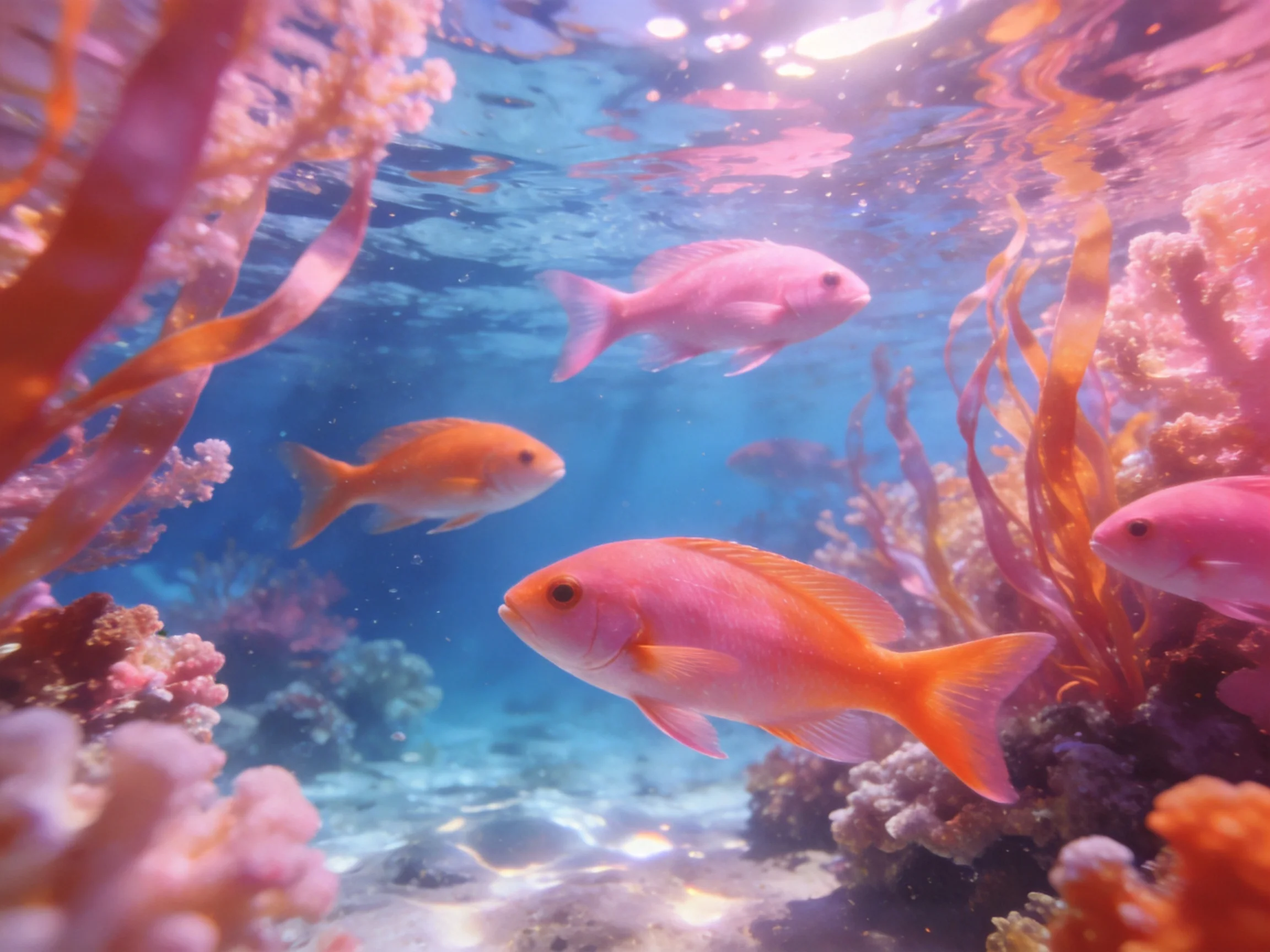 Vibrant orange and pink fish swim near colorful coral reefs in clear blue water