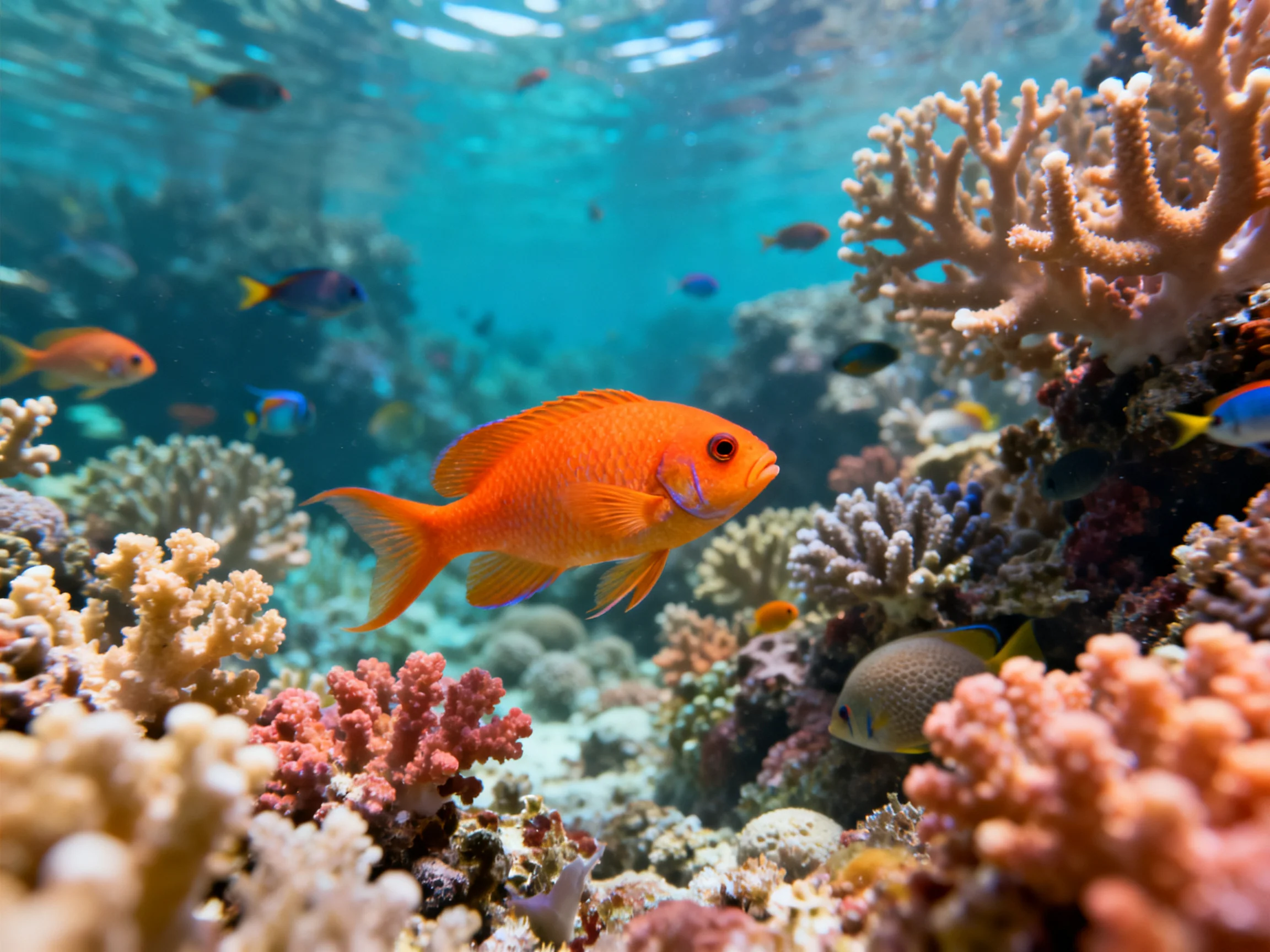 Vibrant orange fish swim among colorful coral formations in clear water