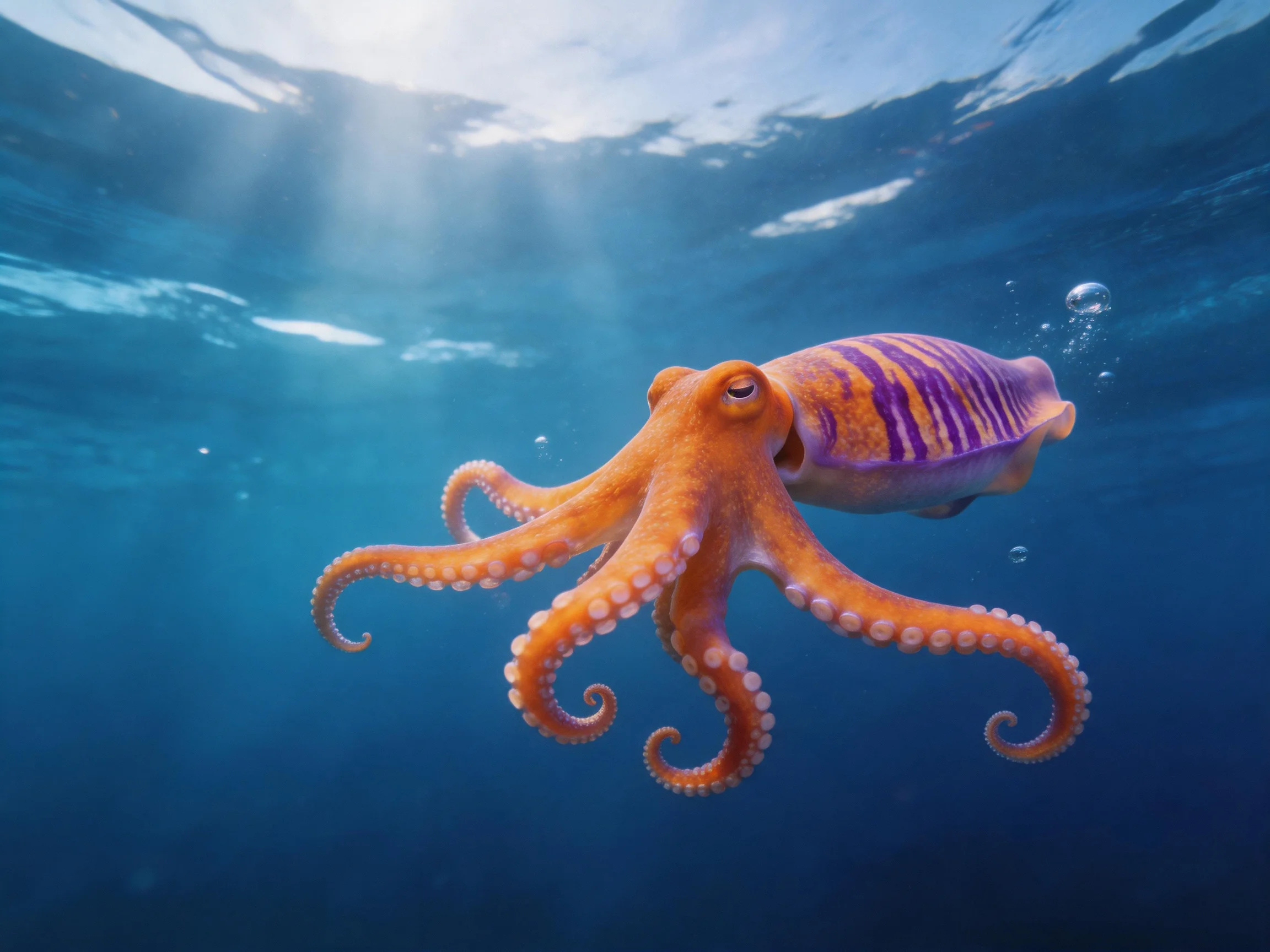 Vibrant orange octopus swims near purple-striped cuttlefish in deep blue water