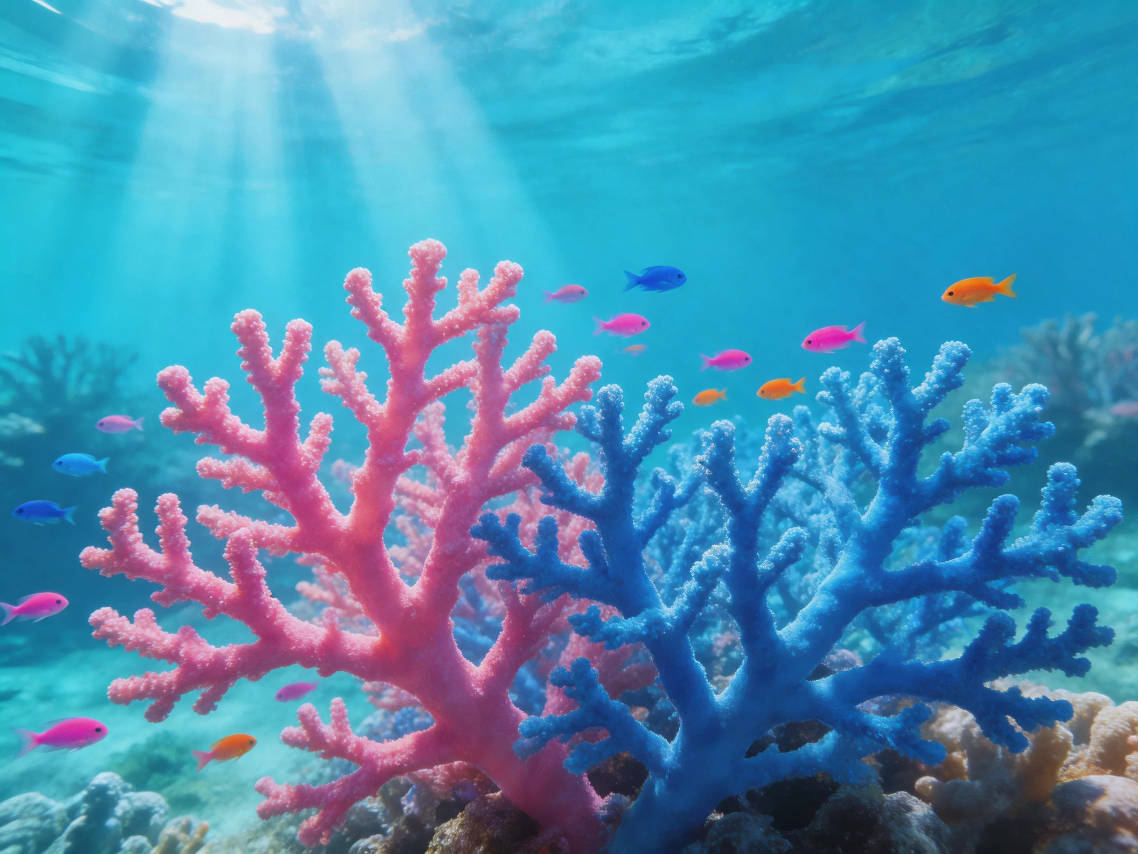 Vibrant pink and blue corals amid small tropical fish in clear turquoise water