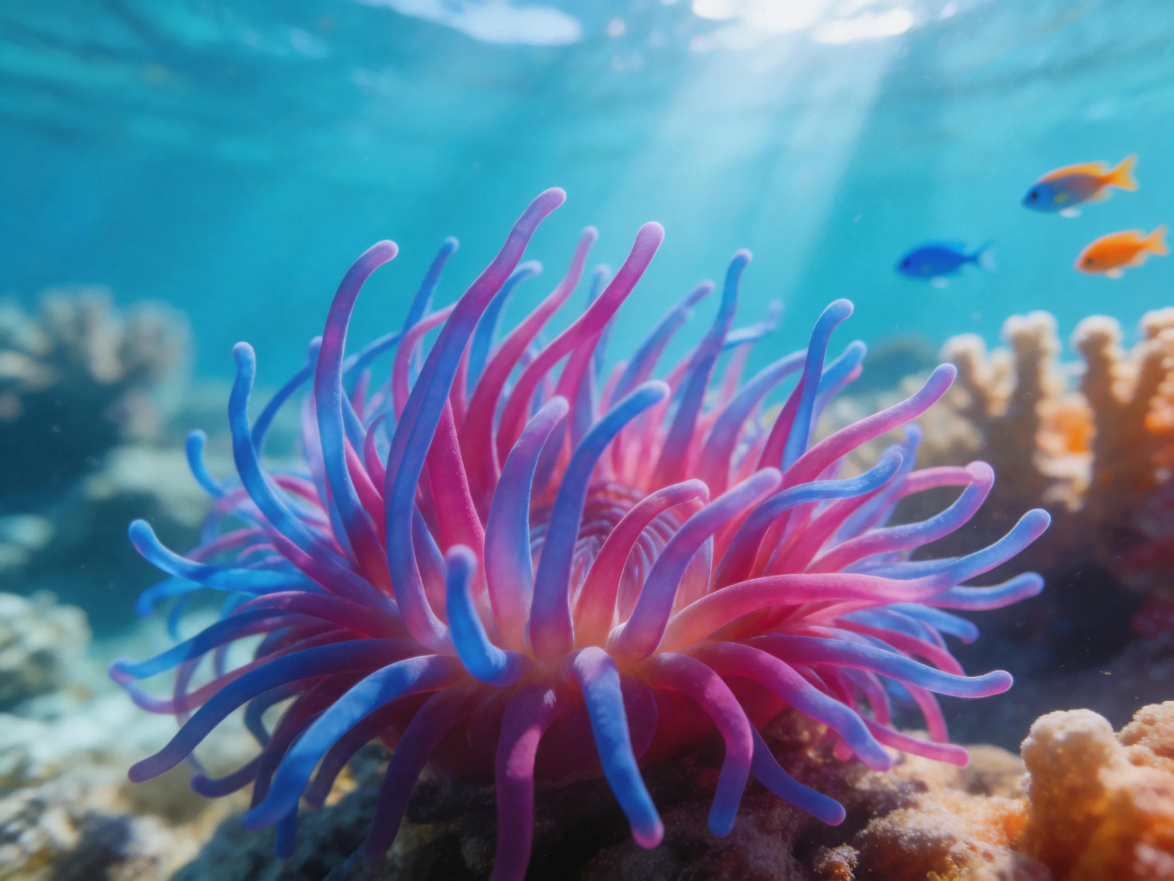 Vibrant pink and blue sea anemone near coral reef with small fish