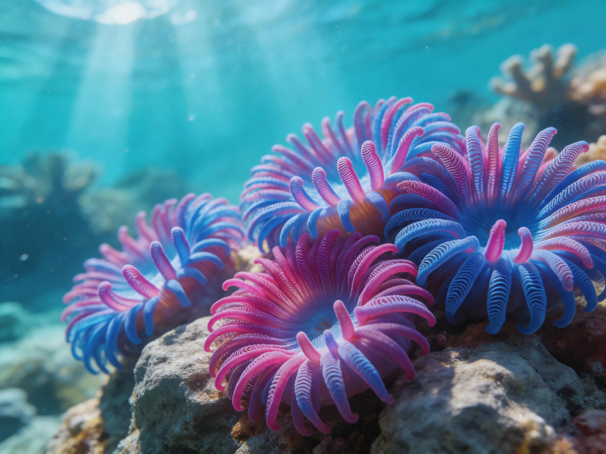 Vibrant pink and blue sea anemones cluster on a rocky underwater reef