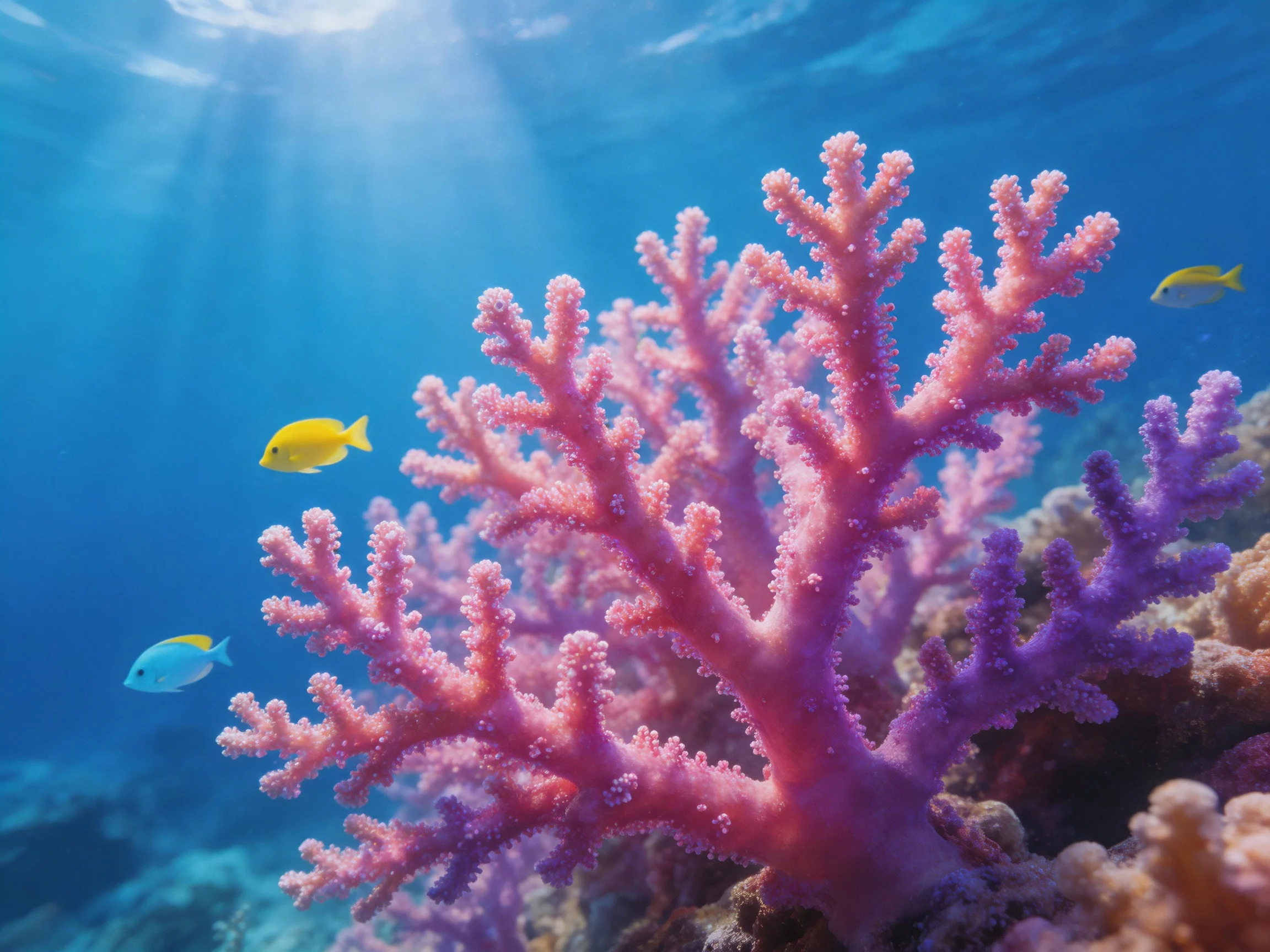 Vibrant pink-purple coral with colorful fish in clear blue water