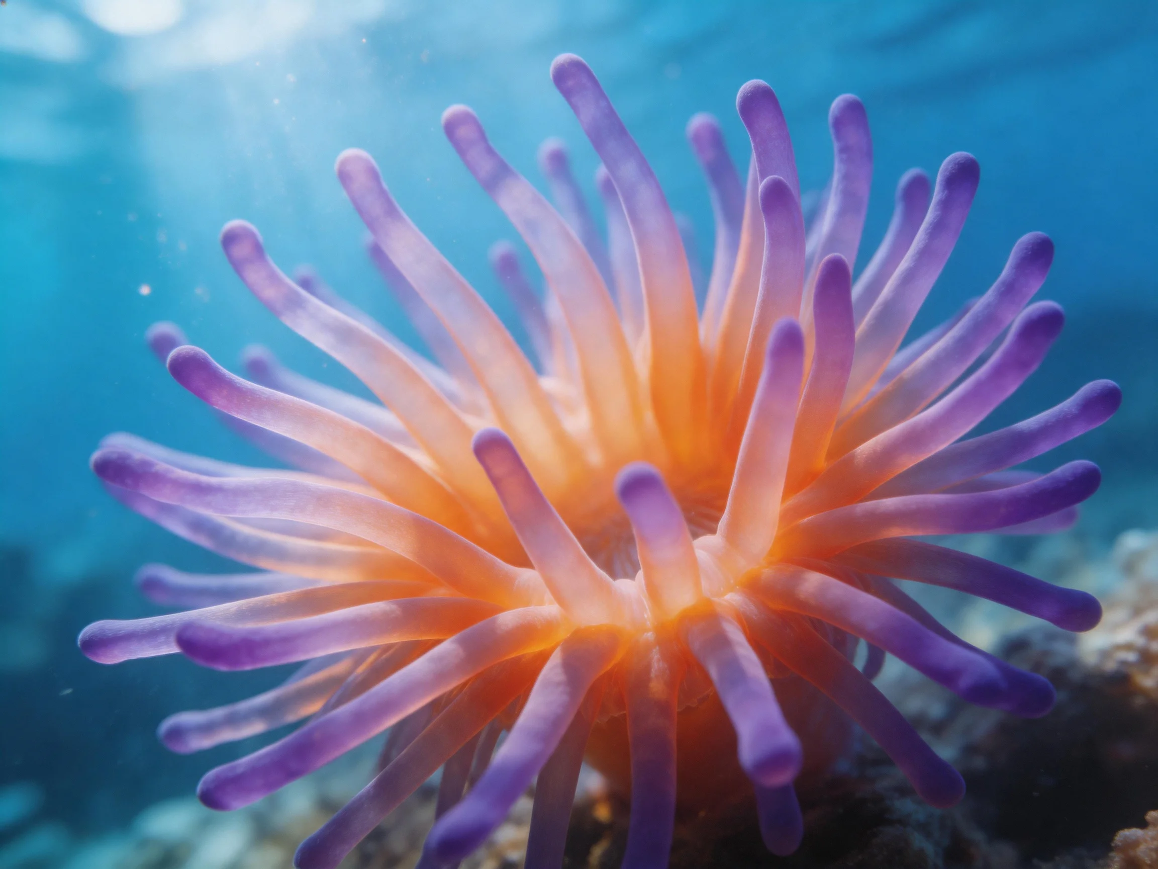 Vibrant purple and orange sea anemone with extended tentacles in blue underwater setting