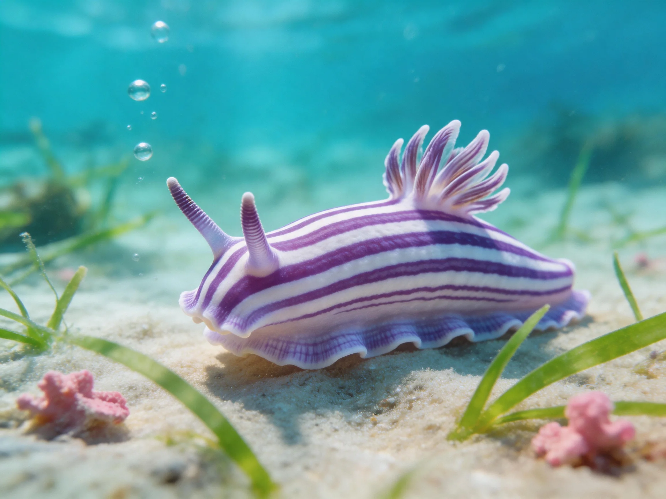 Vibrant purple-striped nudibranch on sandy ocean floor with seaweed
