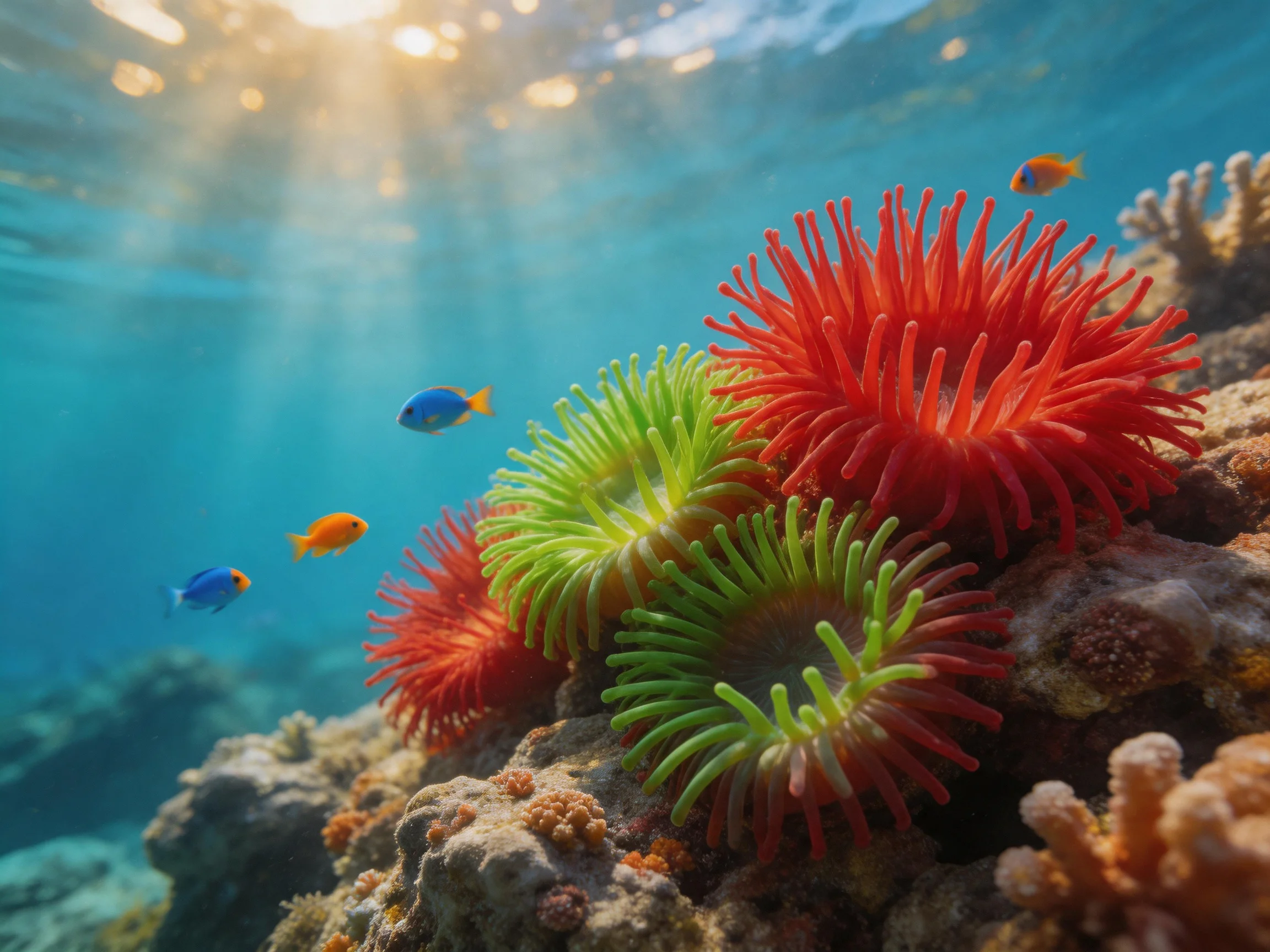 Vibrant red and green sea anemones on coral reef with small tropical fish
