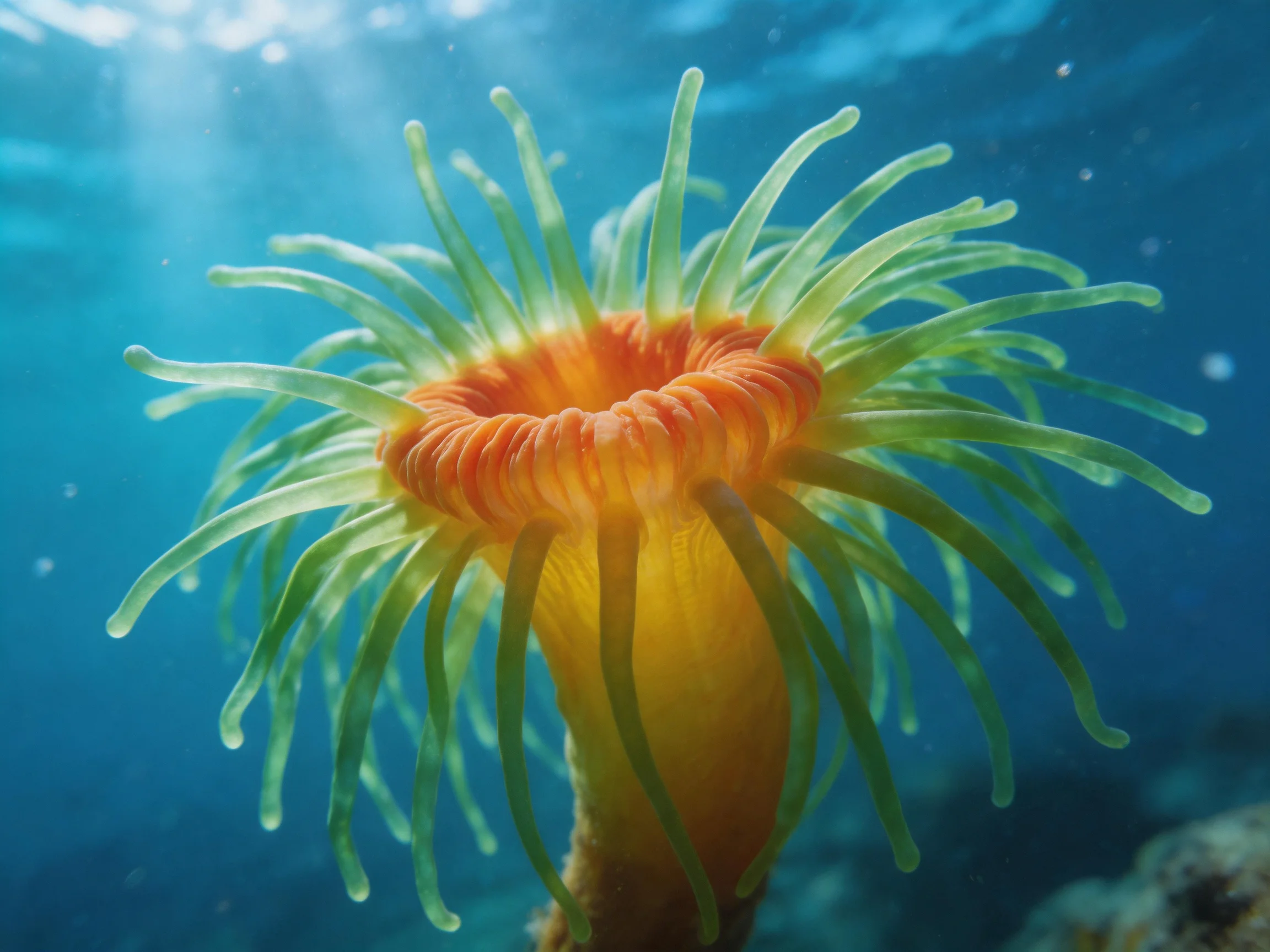 Vibrant sea anemone with green tentacles and orange center