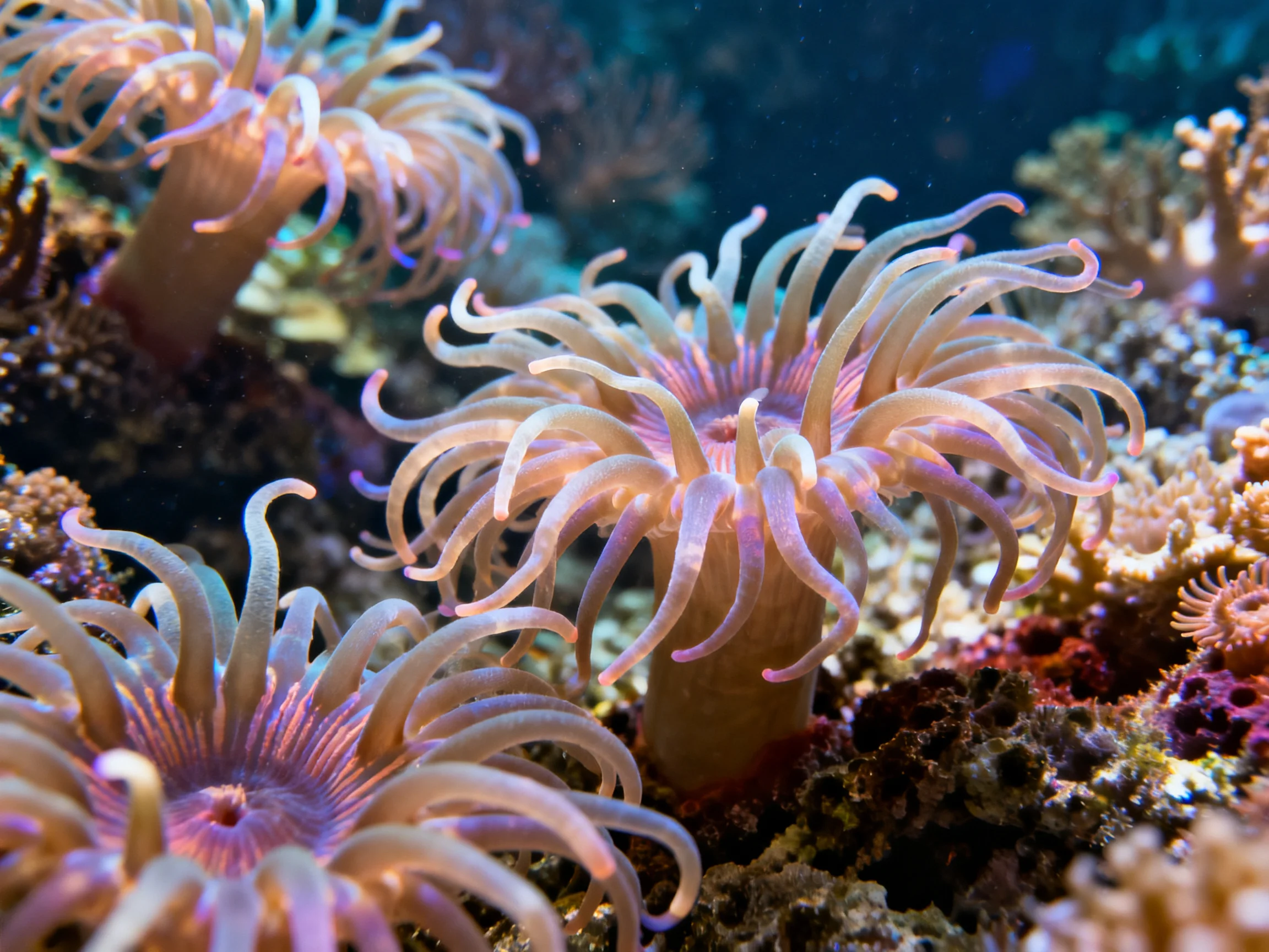 Vibrant sea anemones with purple and beige tentacles in coral reef