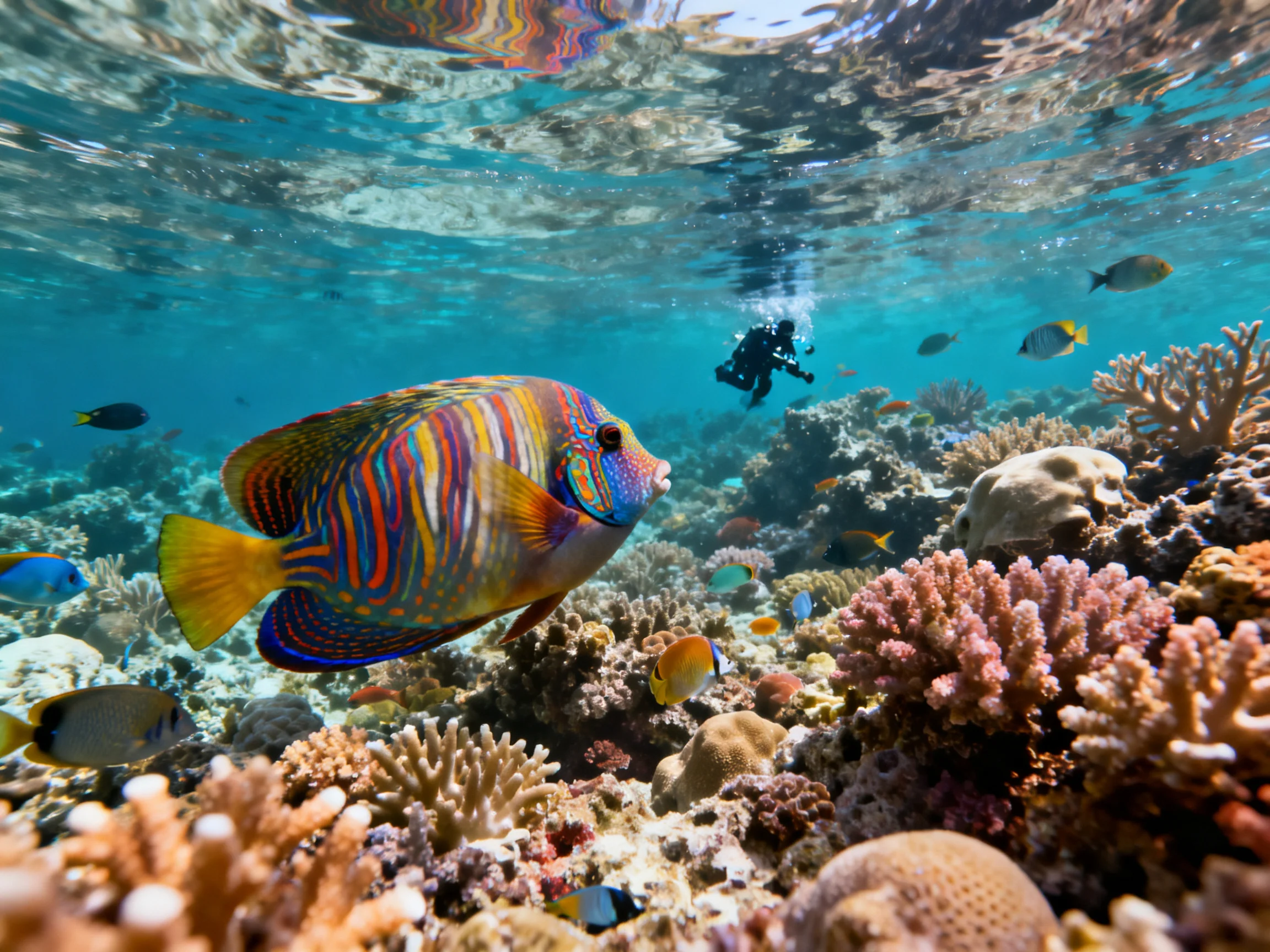 Vibrant tropical fish swim among diverse corals near a scuba diver.