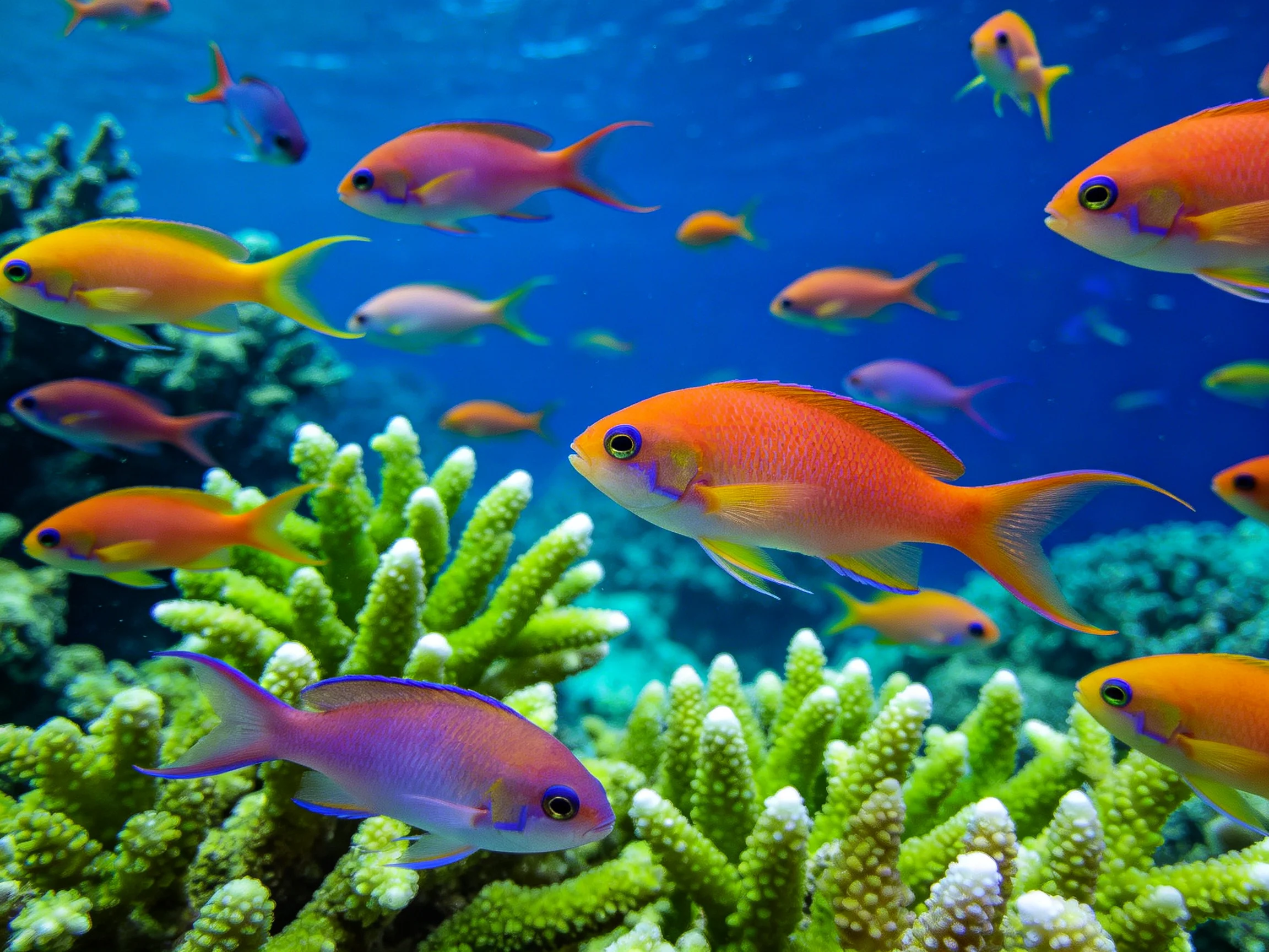 Vibrant tropical fish swim among lush green corals