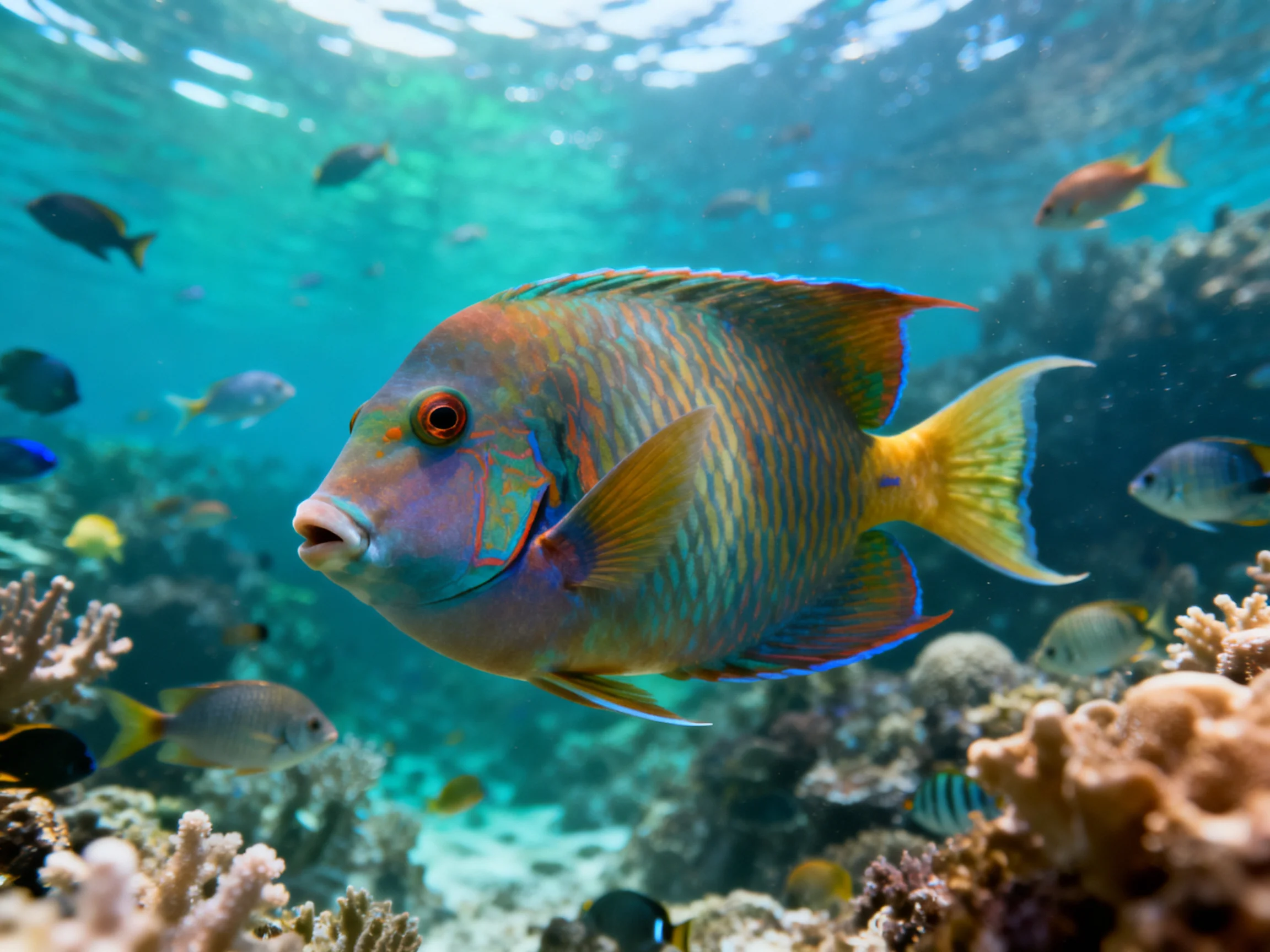 Vibrant tropical fish swimming among diverse coral formations