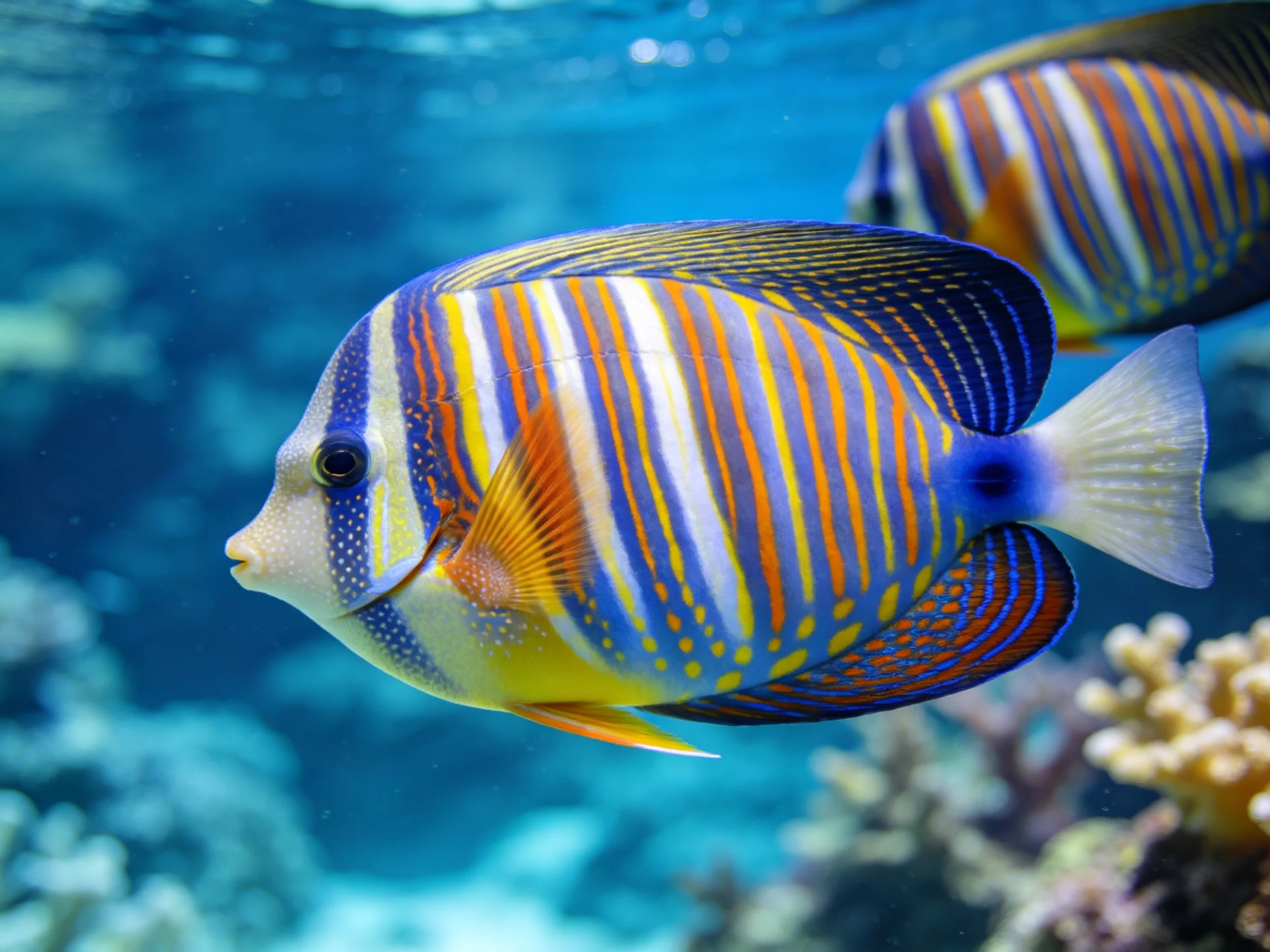 Vibrant tropical fish with colorful stripes swim near coral reefs