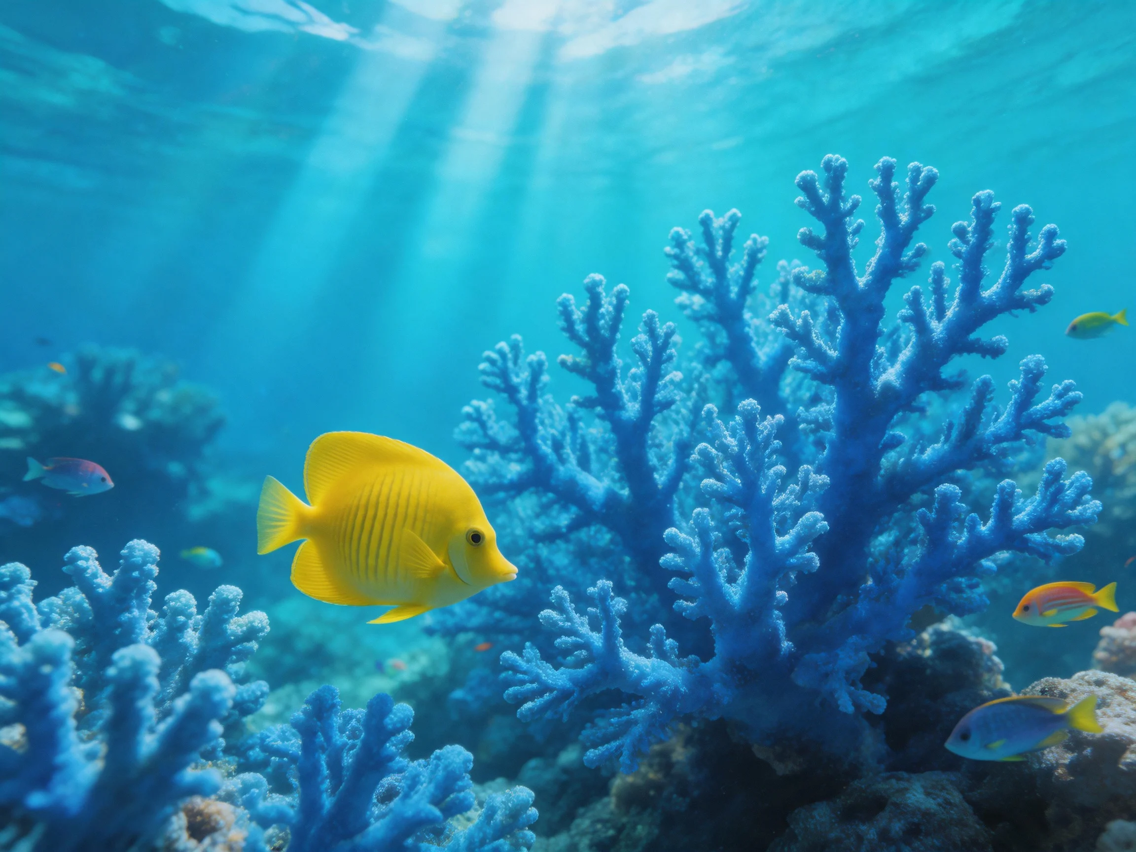 Vibrant yellow fish swim among vivid blue coral structures in sun-dappled ocean depths