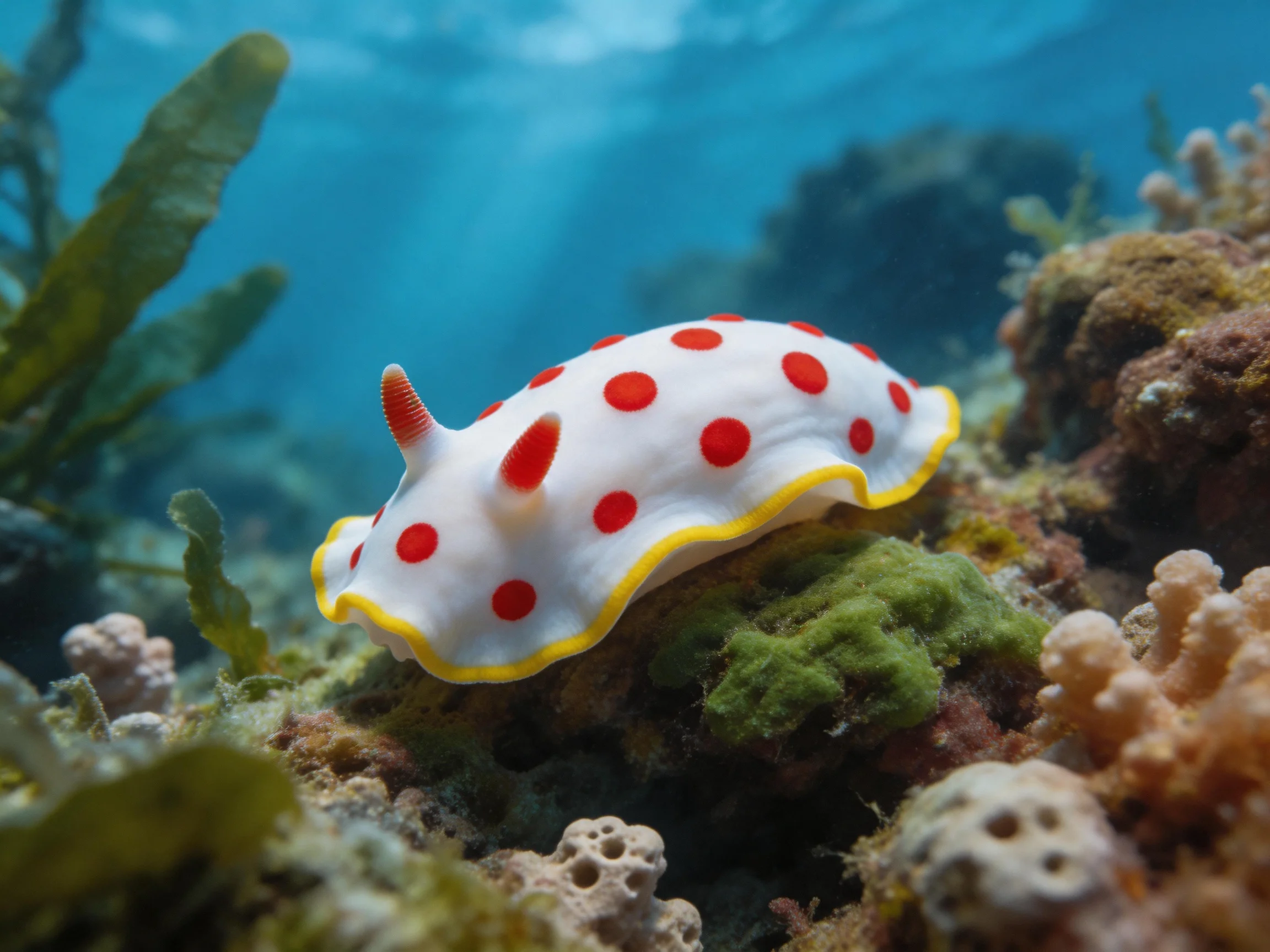 White nudibranch with red spots on vibrant coral reef