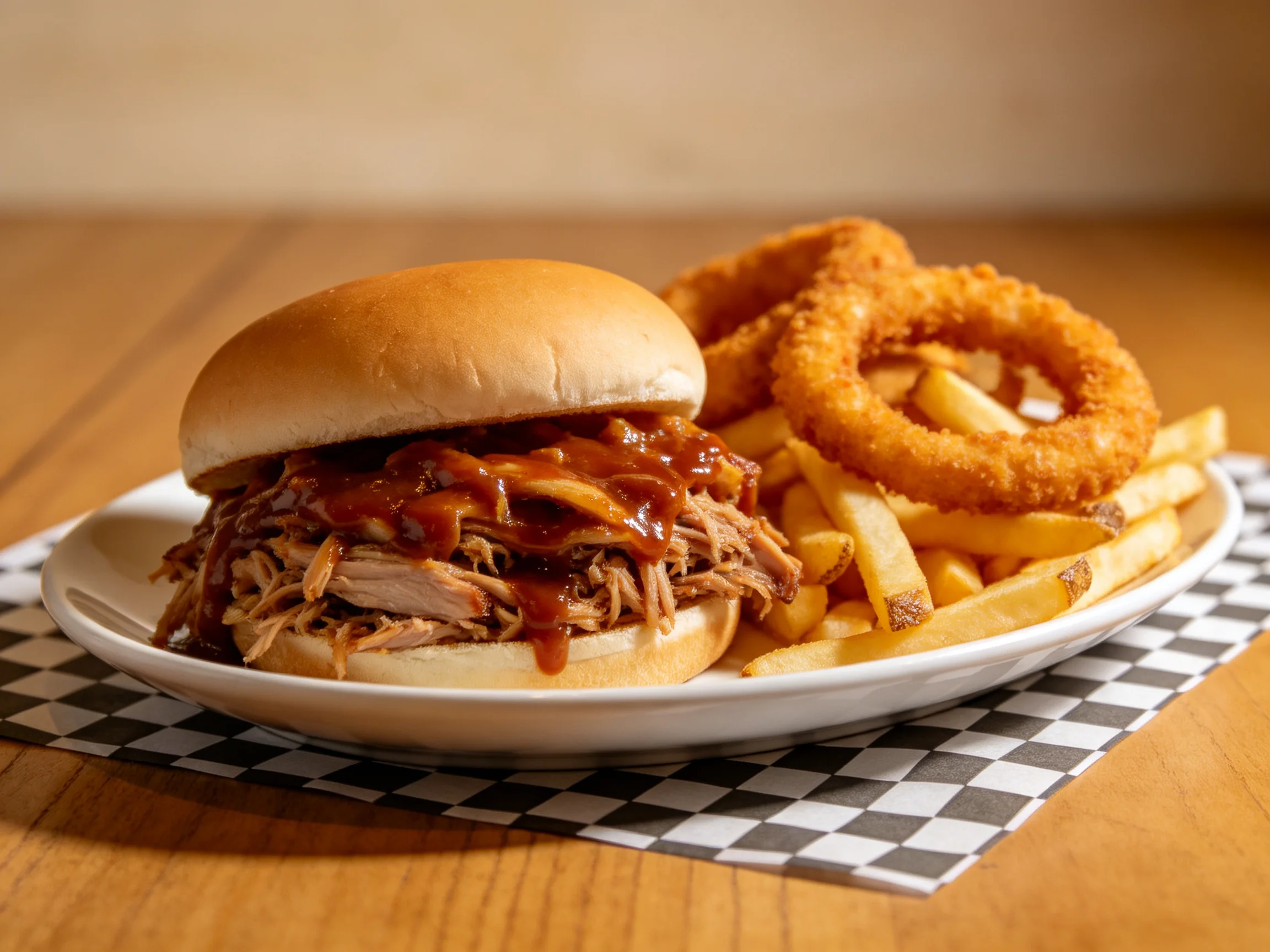 A BBQ pulled pork sandwich with onion rings and fries on a checkered plate