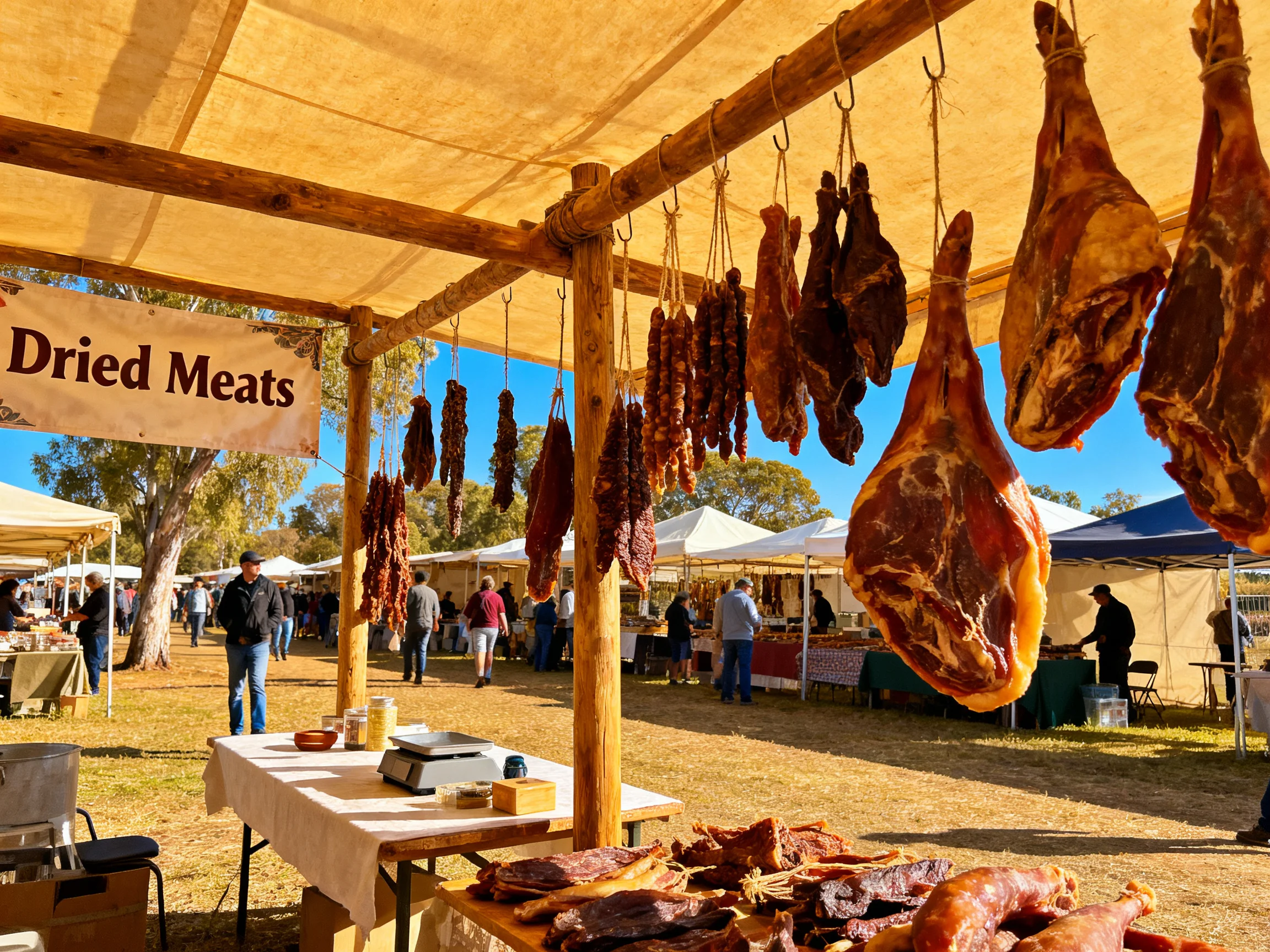 A Dried Meats Booth with Hanging Cured Meats