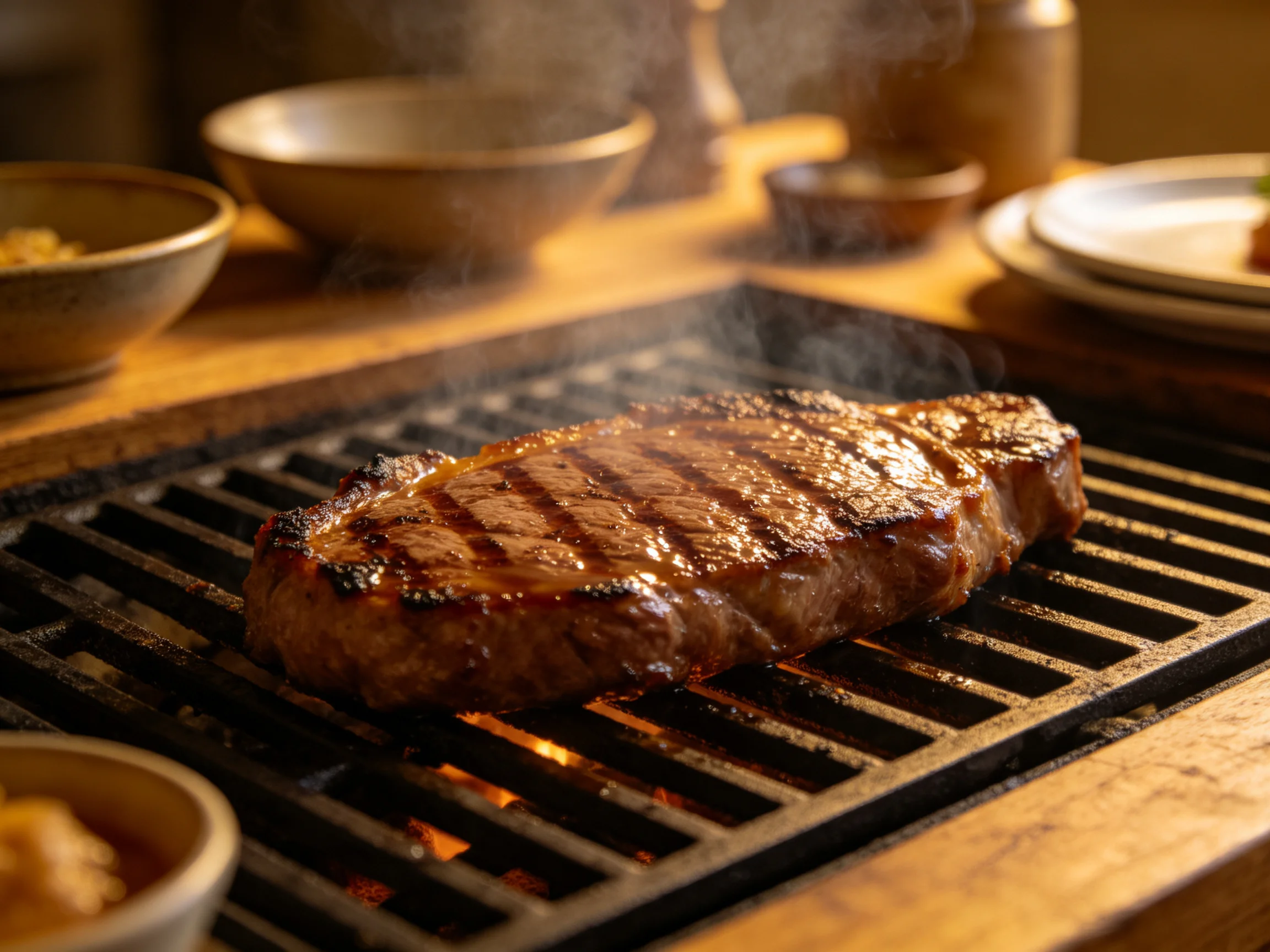 A Juicy Grilled Steak With Distinct Grill Marks Steams Over a Hot Grill