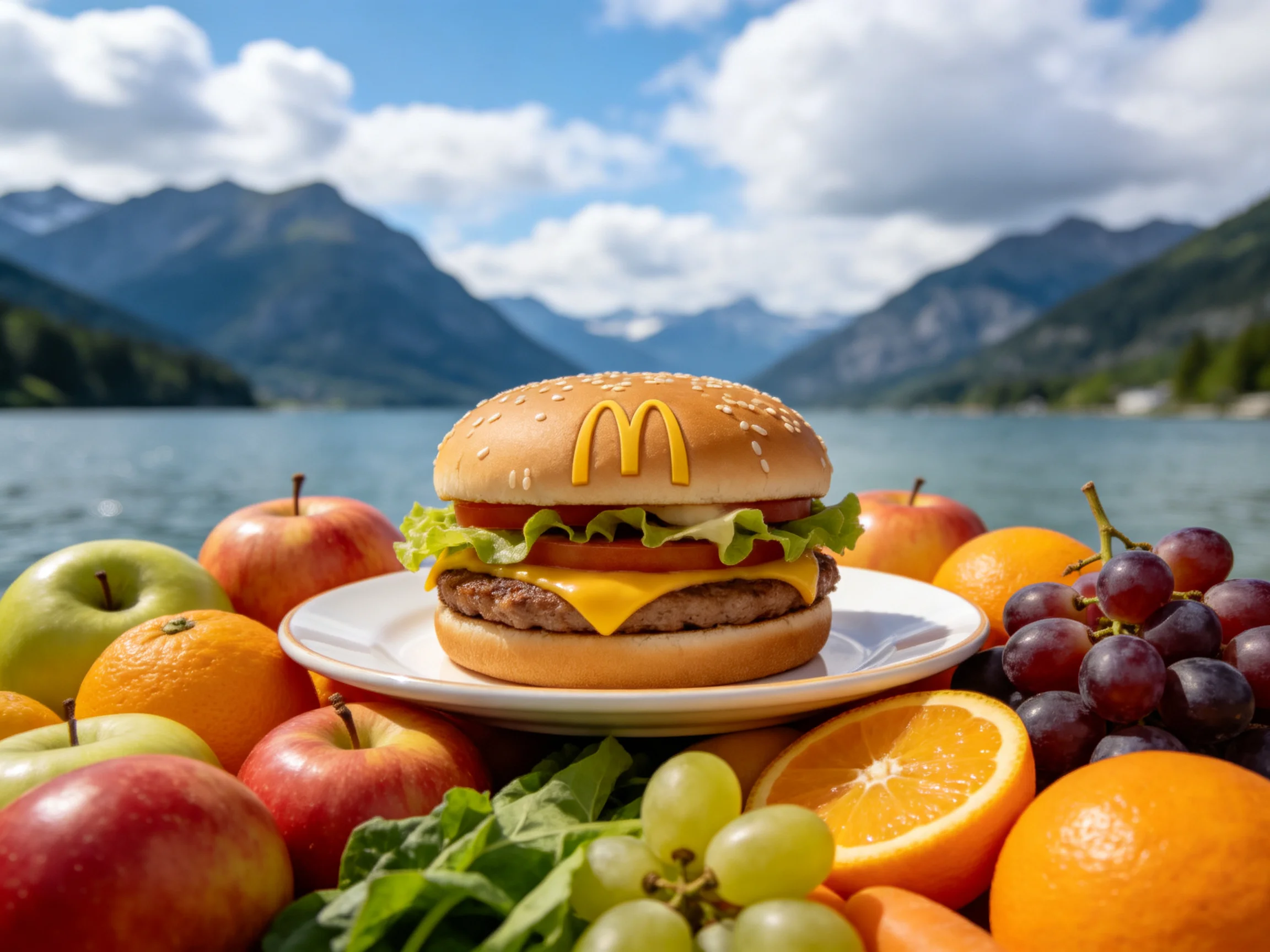 A McDonalds burger surrounded by colorful fruits near a mountain lake