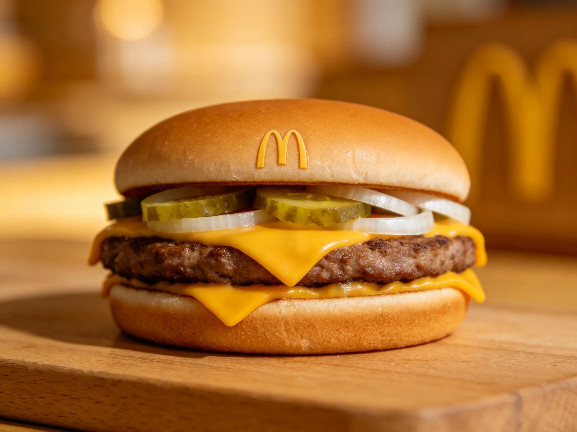 A McDonalds cheeseburger with pickles, onions, and melted cheddar
