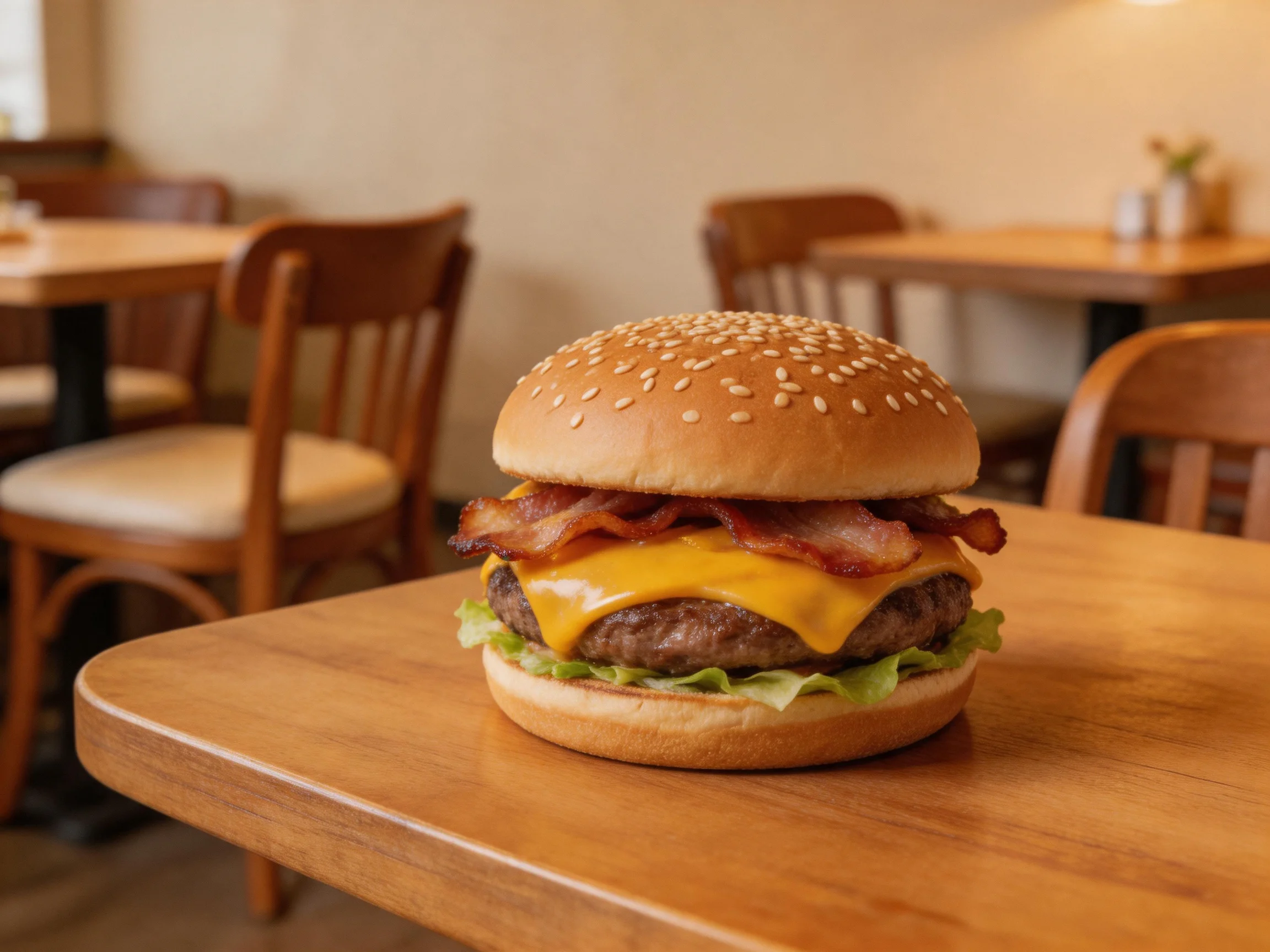 A Rich Cheeseburger with Crispy Bacon on Sesame Seed Bun in Cozy Restaurant