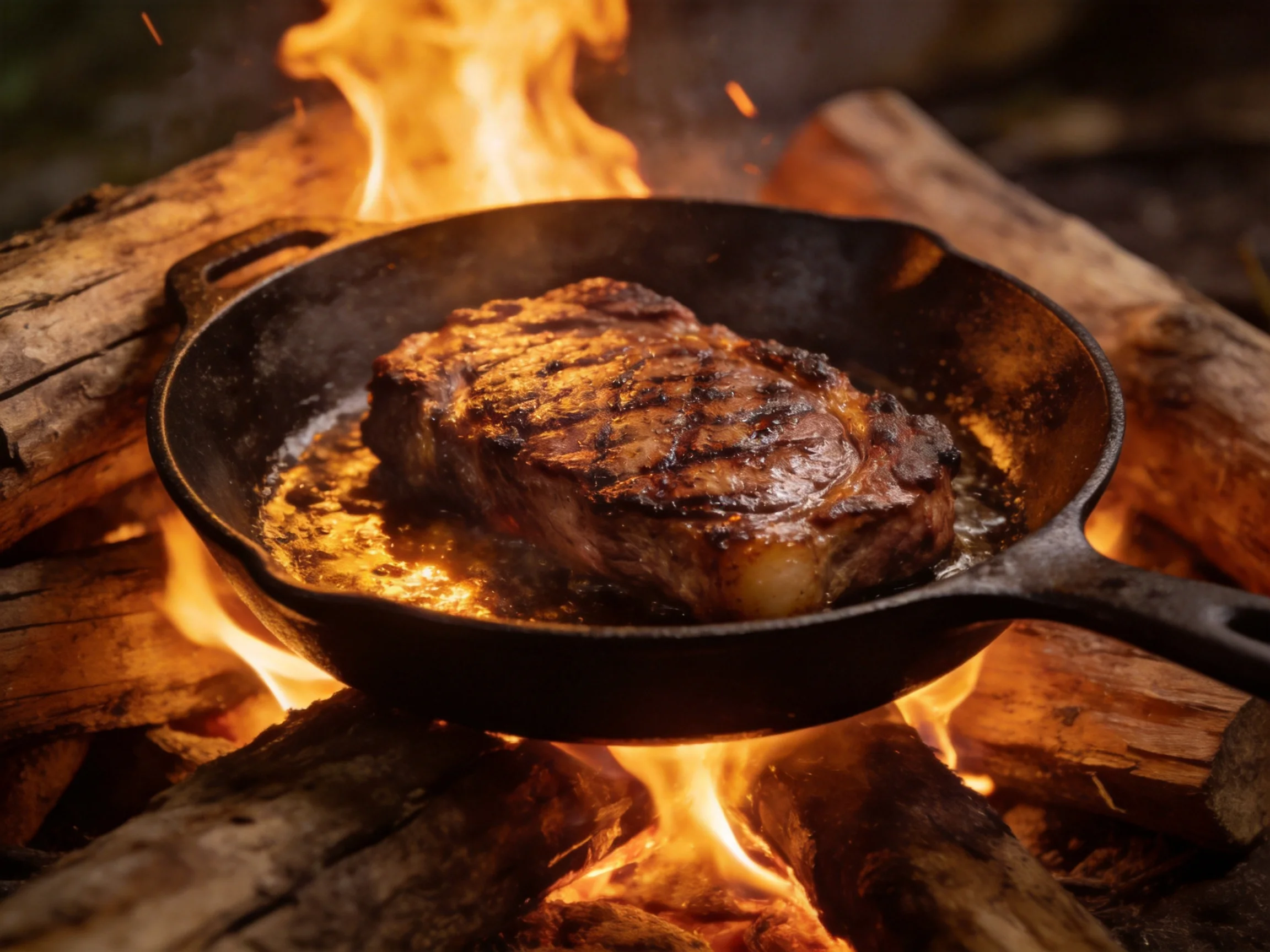 A Richly Grilled Steak Sizzles in a Cast Iron Pan Over Blazing Logs