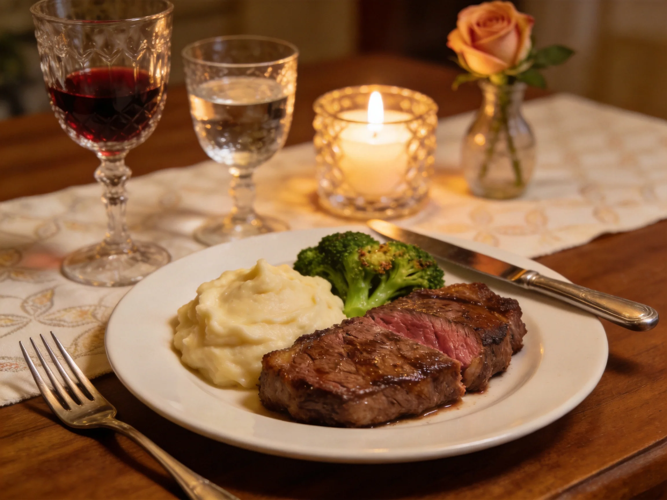 A Steak Meal with Mashed Potatoes, Broccoli, Wine, and Candlelight