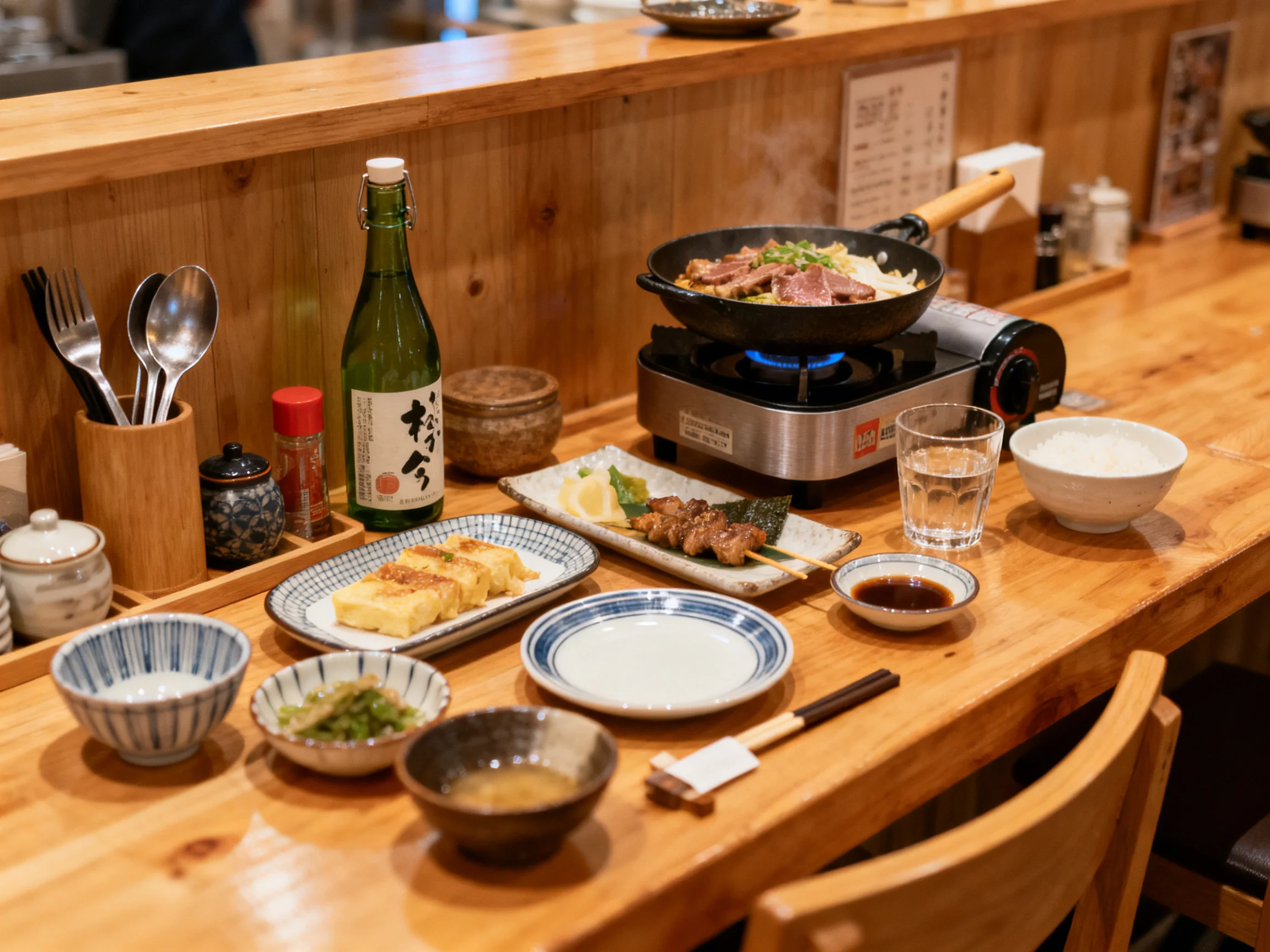 A Warm Wooden Counter with Assorted Japanese Dishes and a Hot Plate