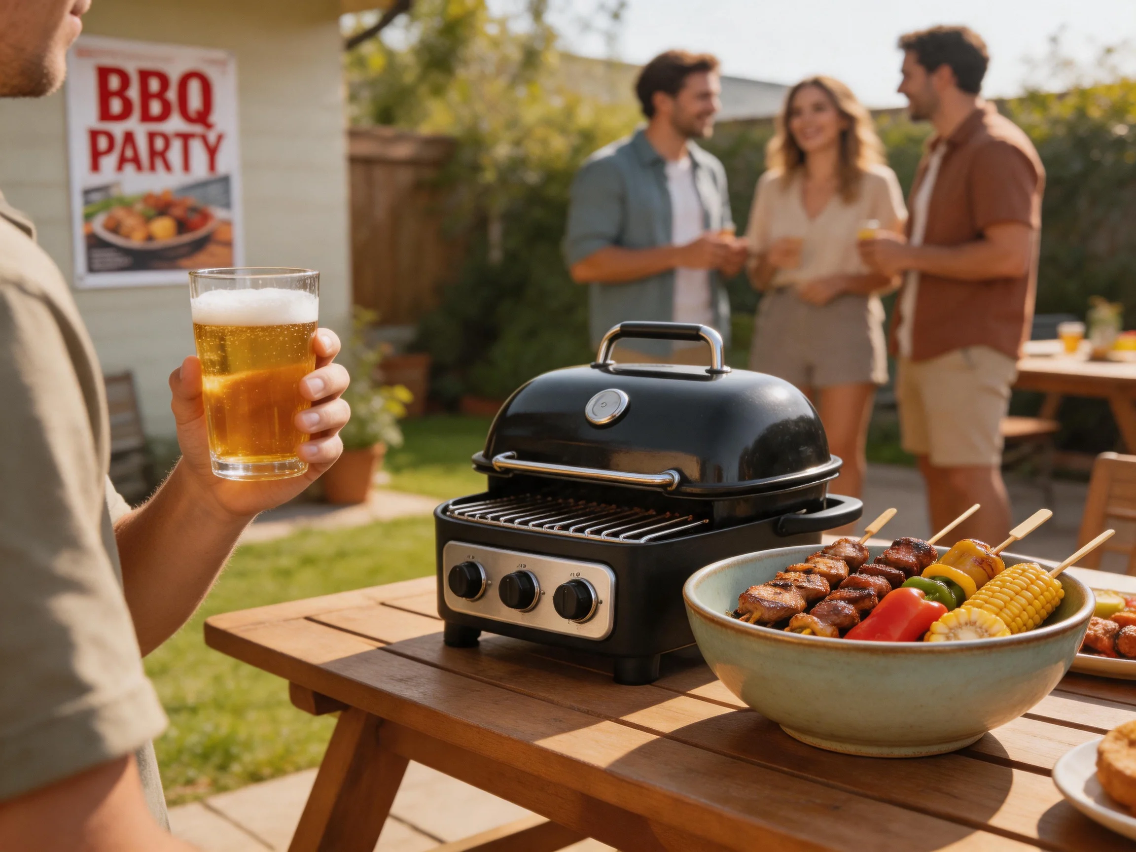 A backyard BBQ party with a black grill and grilled skewers