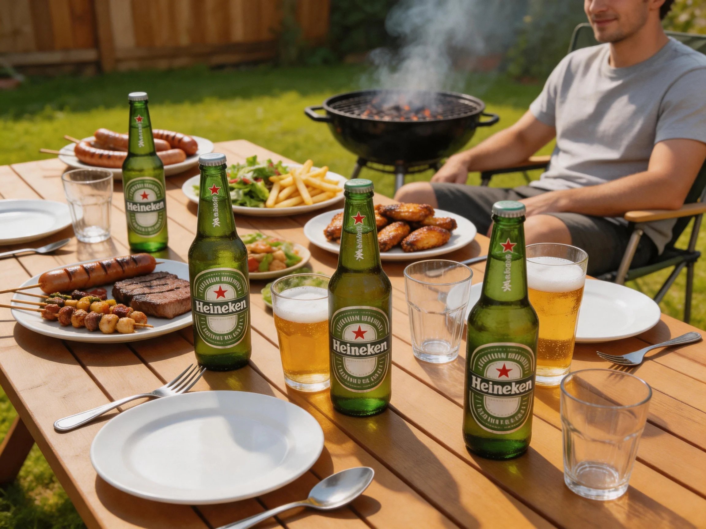 A backyard BBQ with Heineken beers and grilled meats, fries, and salads